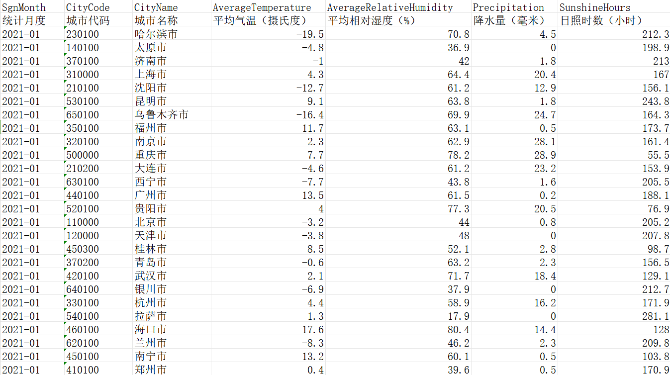 中国主要城市月度天气状况（excel）