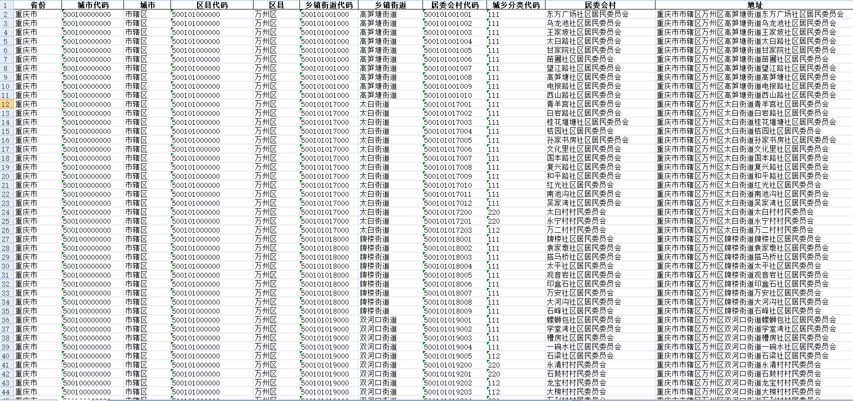 2021年度全国城乡划分代码