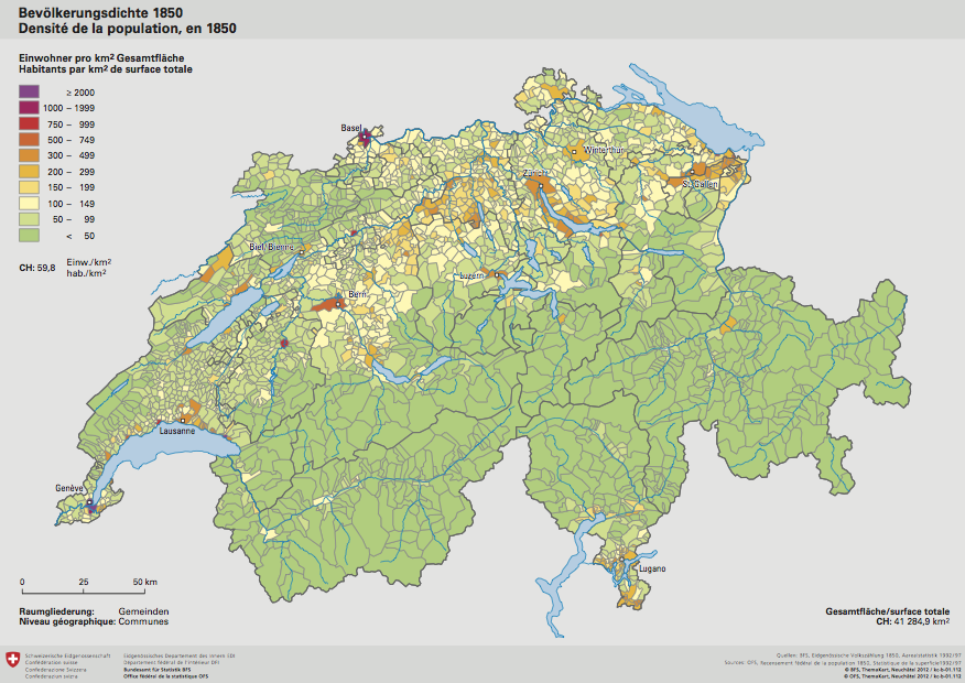 瑞士各州的人口密度