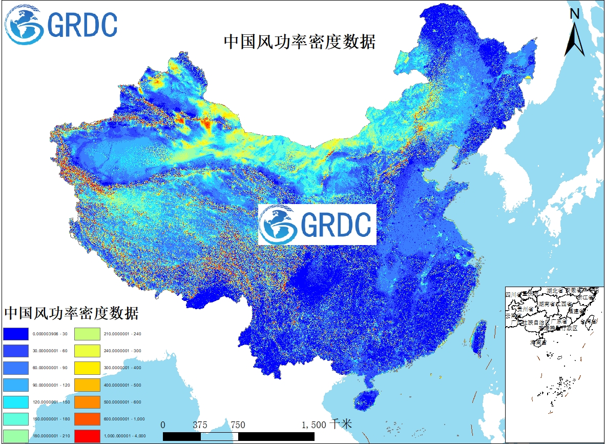 中国陆域年平均风功率密度数据