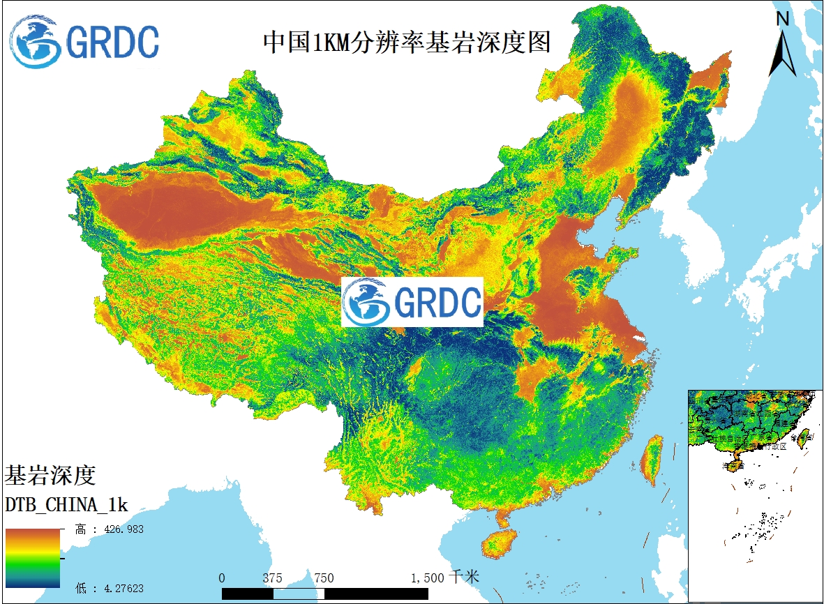 中国1KM分辨率基岩深度图