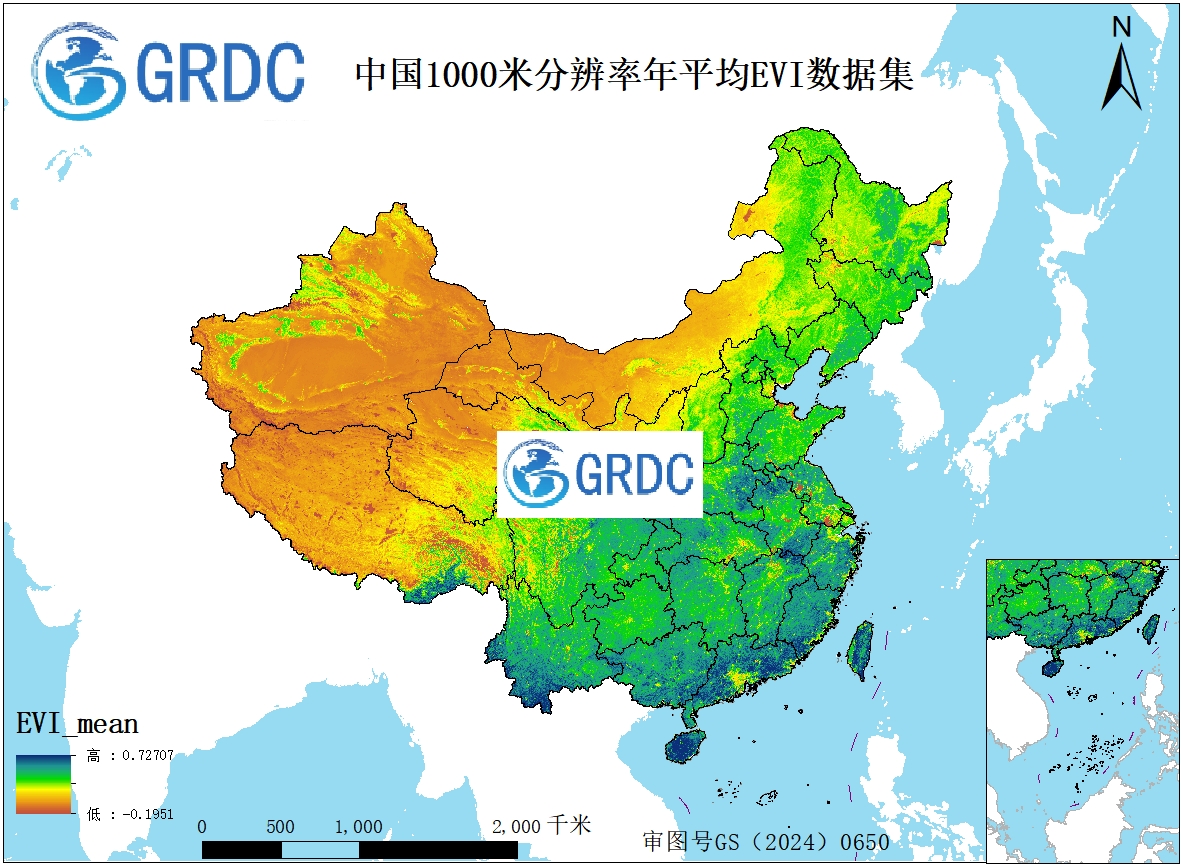 2000-2025年中国逐年1000米分辨率平均值合成EVI数据集