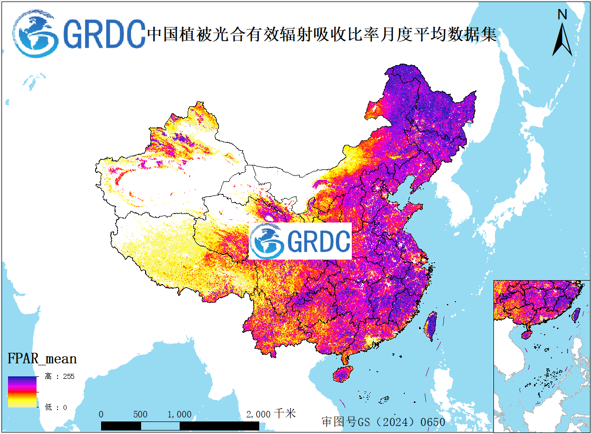 MODIS（MOD15A2H）中国2000-2026平均值合成植被光合有效辐射吸收比率（FPAR）月度数据集