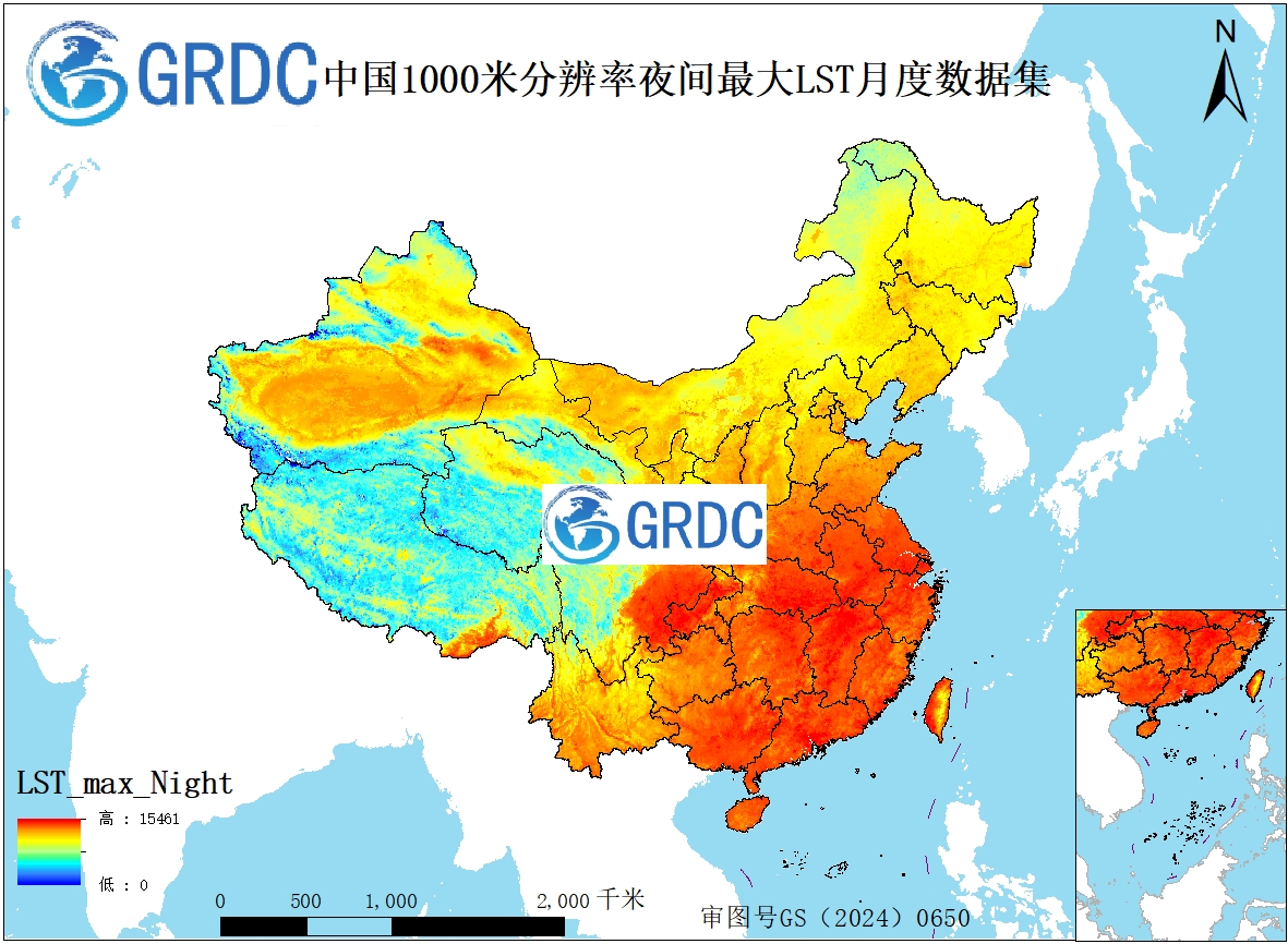 MODIS（MOD11A2）中国2000-2026夜间最大值合成地表温度（LST）月度数据集