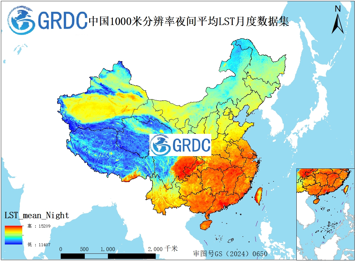 MODIS（MOD11A2）中国2000-2026夜间平均值合成地表温度（LST）月度数据集