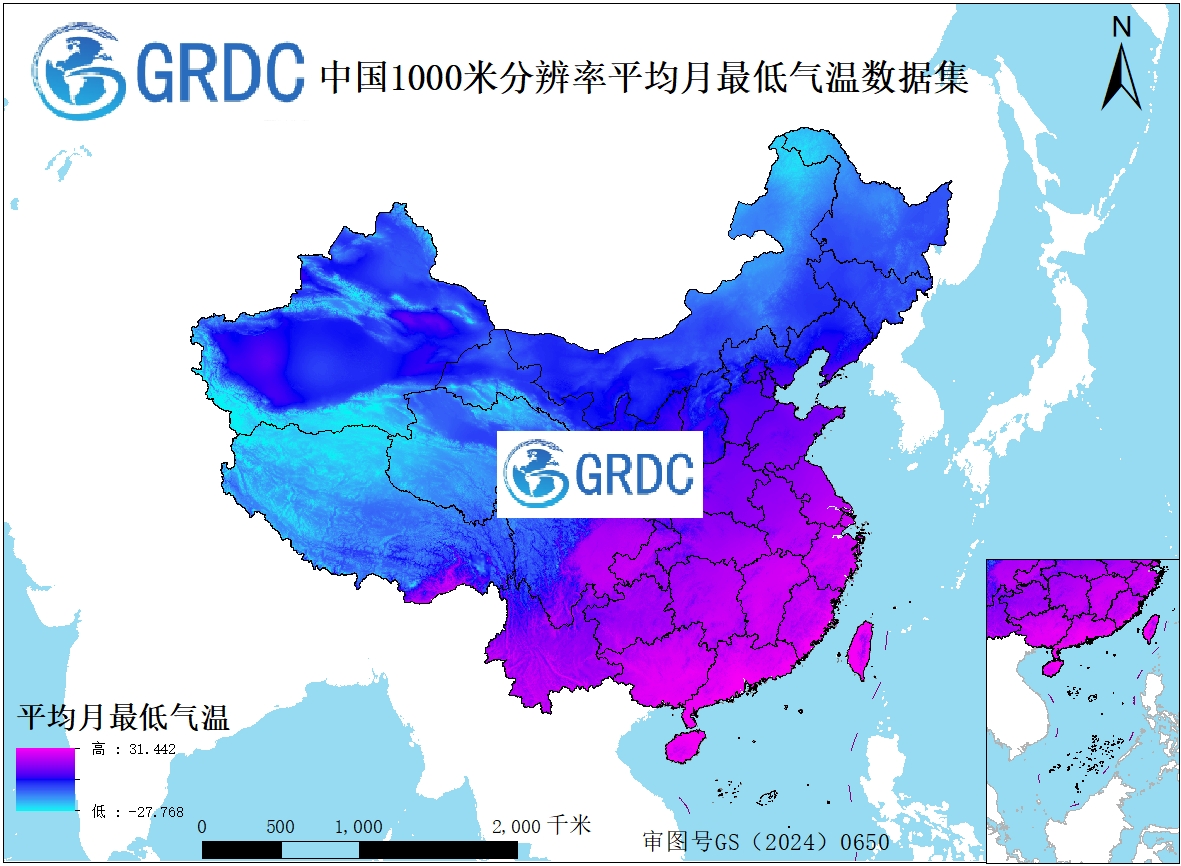 中国1000米分辨率平均月最低气温数据集（1951-2025）