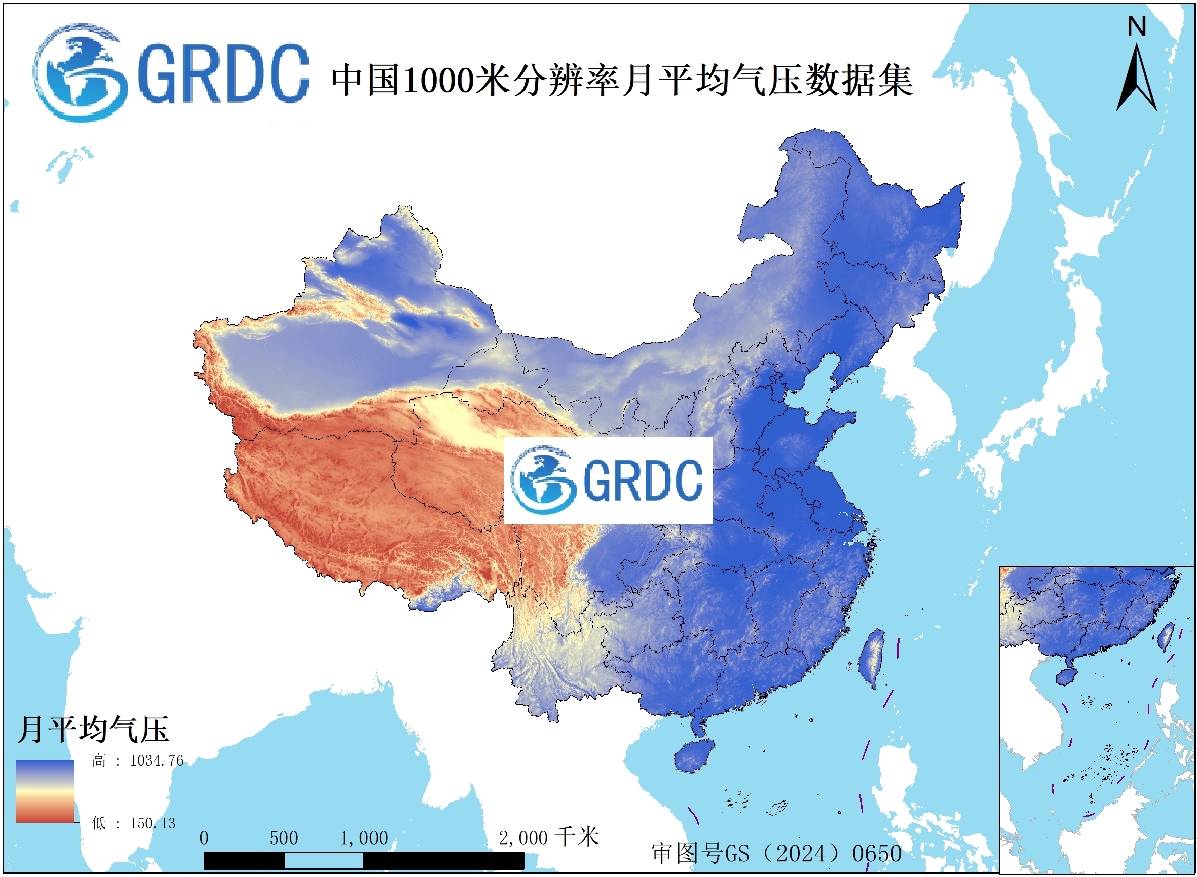 中国1000米分辨率月平均气压数据集（1951-2025）