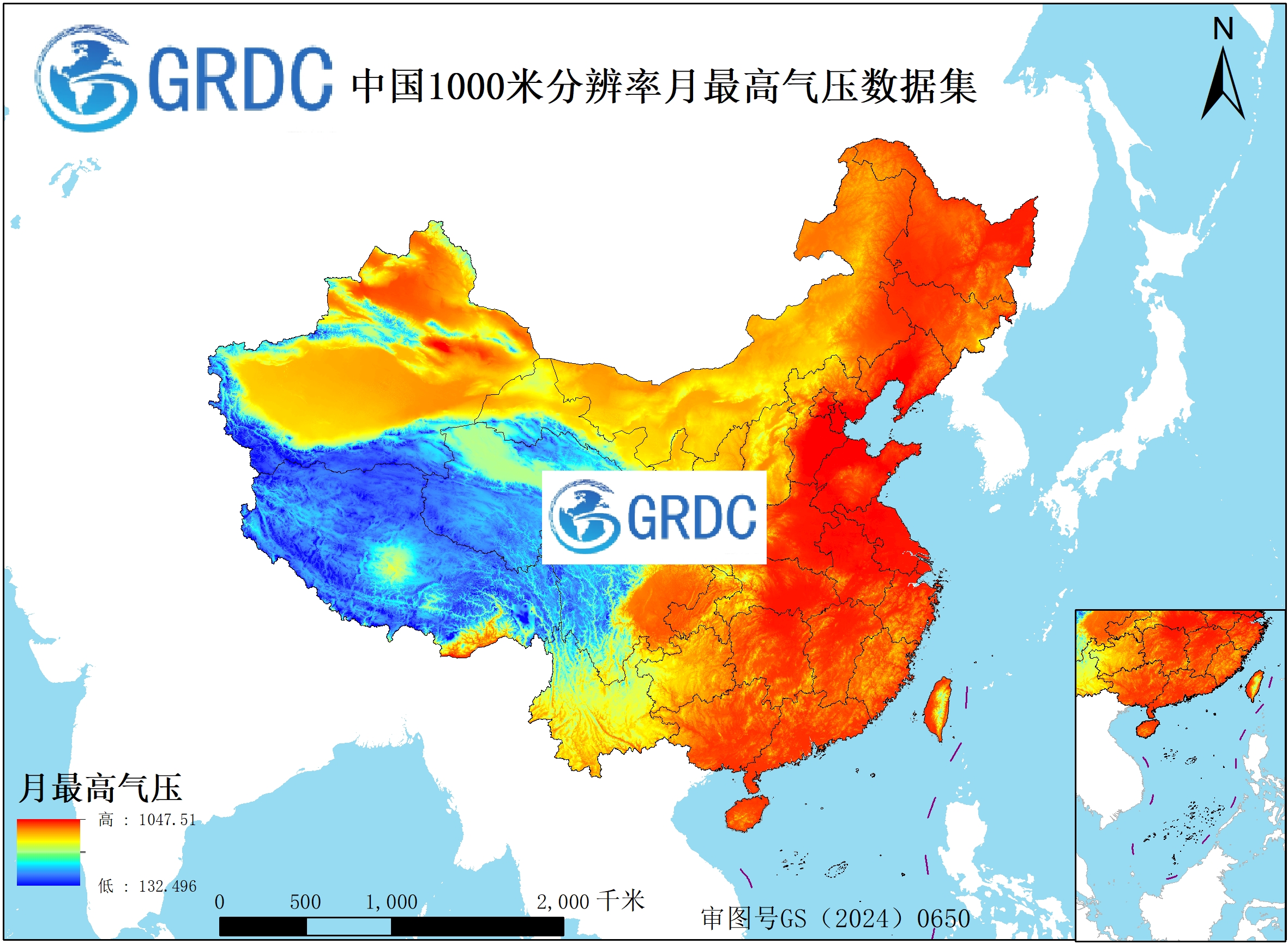 中国1000米分辨率月最高气压数据集（1951-2025）