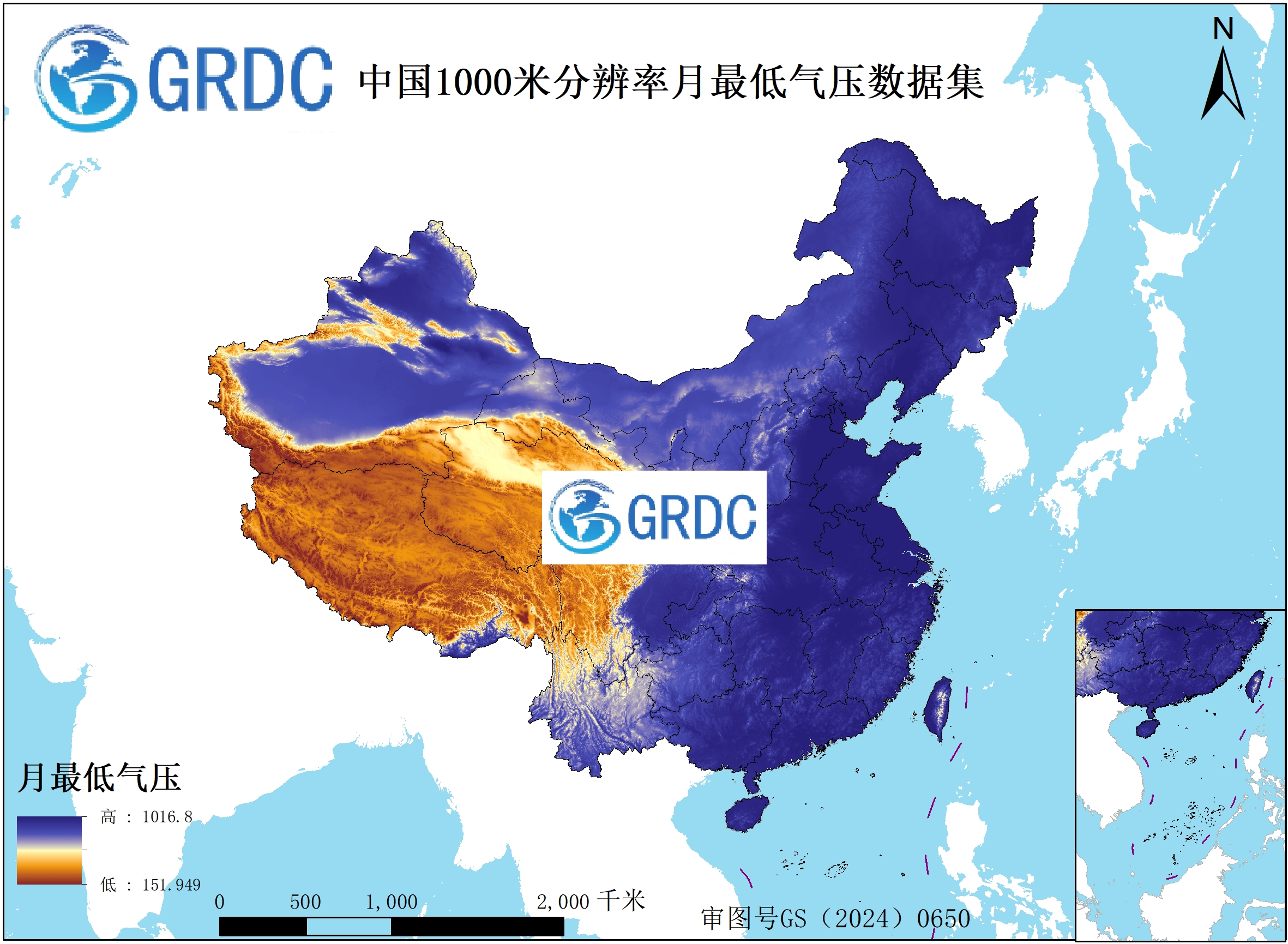 中国1000米分辨率月最低气压数据集（1951-2025）