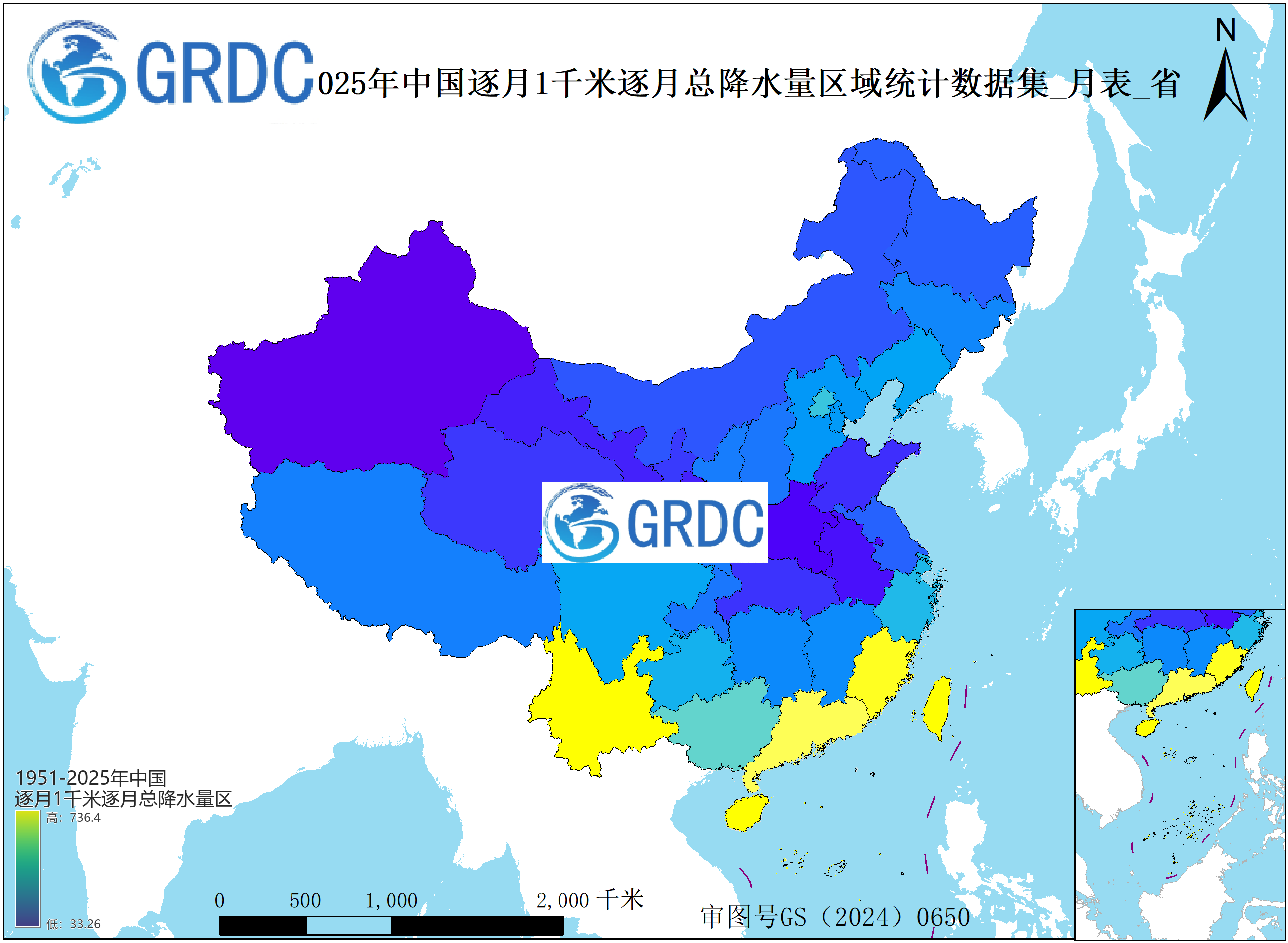 1951-2025年中国1km总降水量逐月区域统计数据集_月表_省