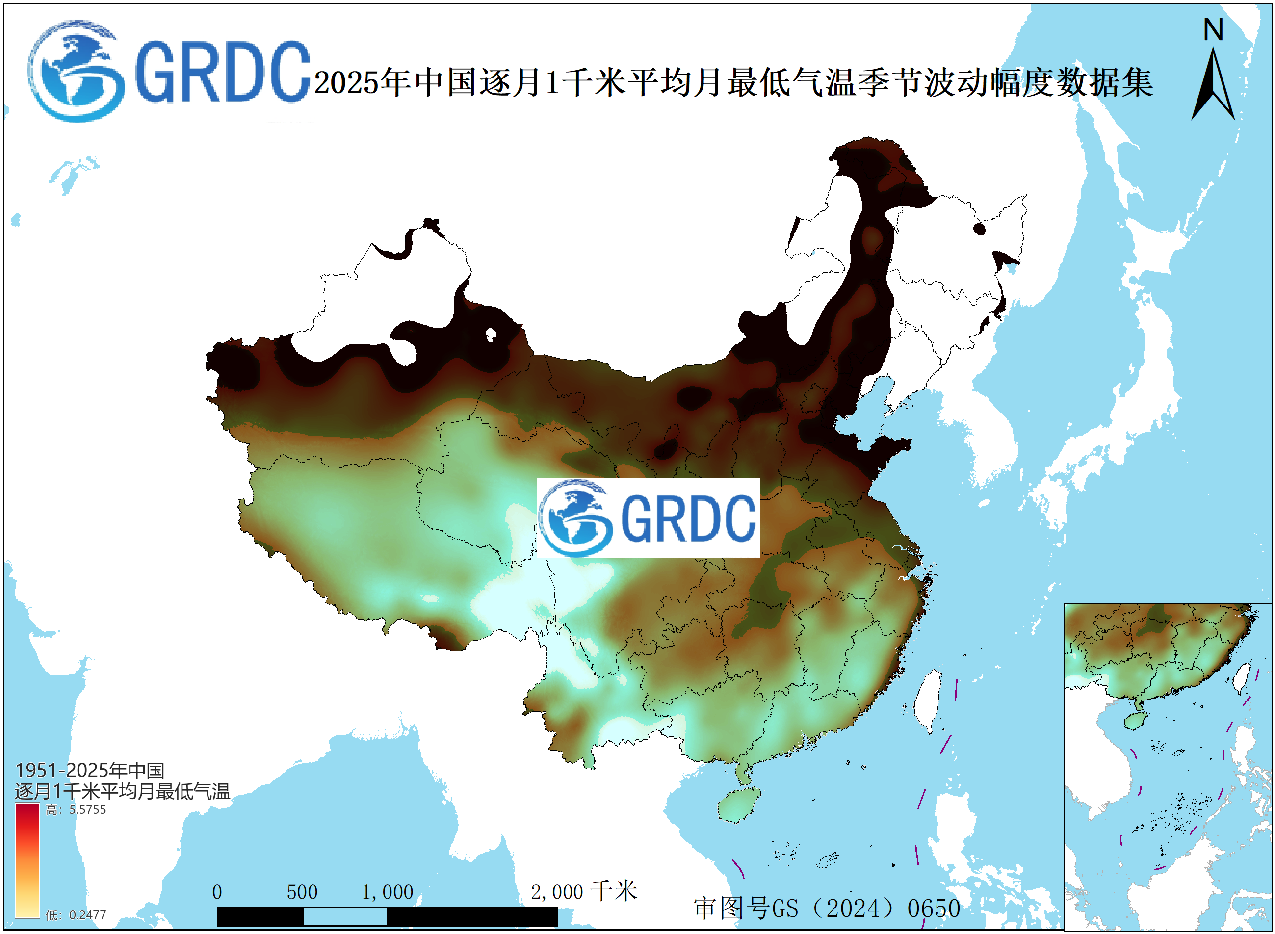 1951-2025年中国1km平均月最低气温月别常年季节波动幅度数据集