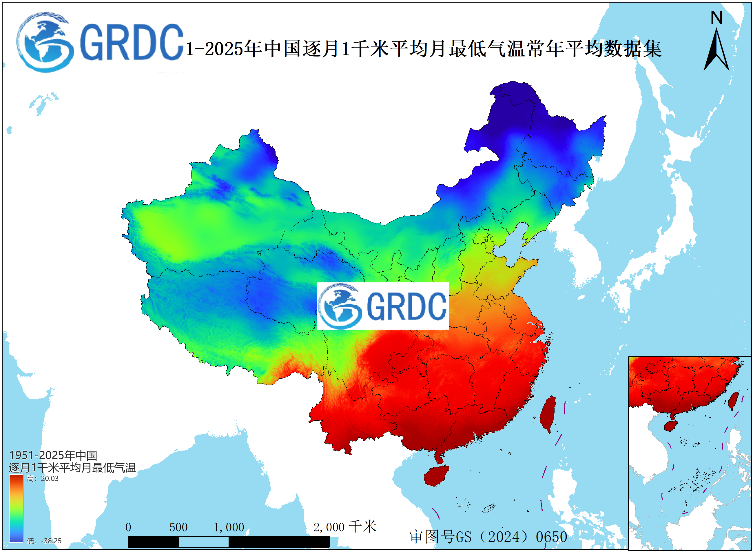1951-2025年中国1km平均月最低气温月别常年平均数据集