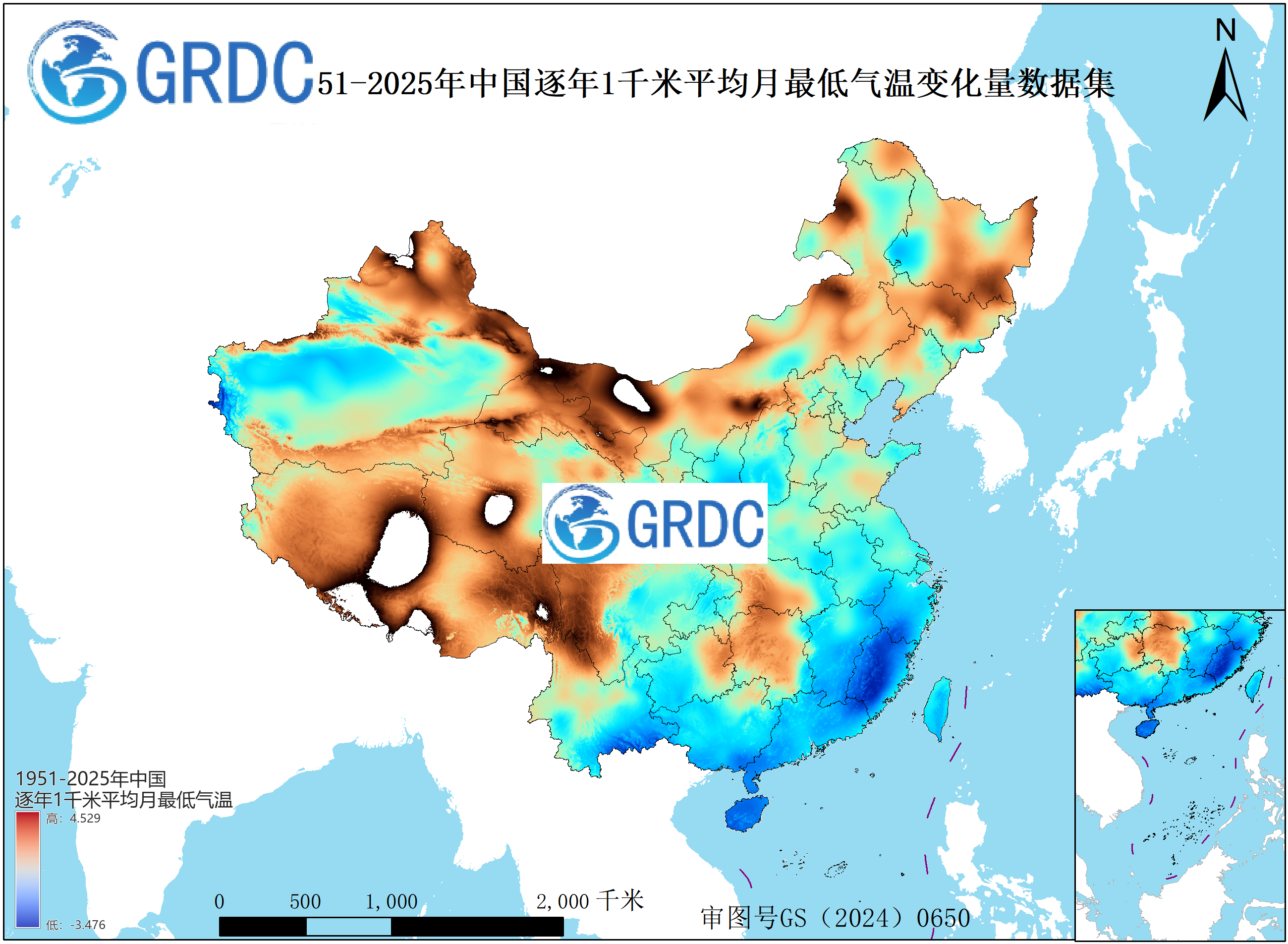 1951-2025年中国1km平均月最低气温逐年变化量数据集