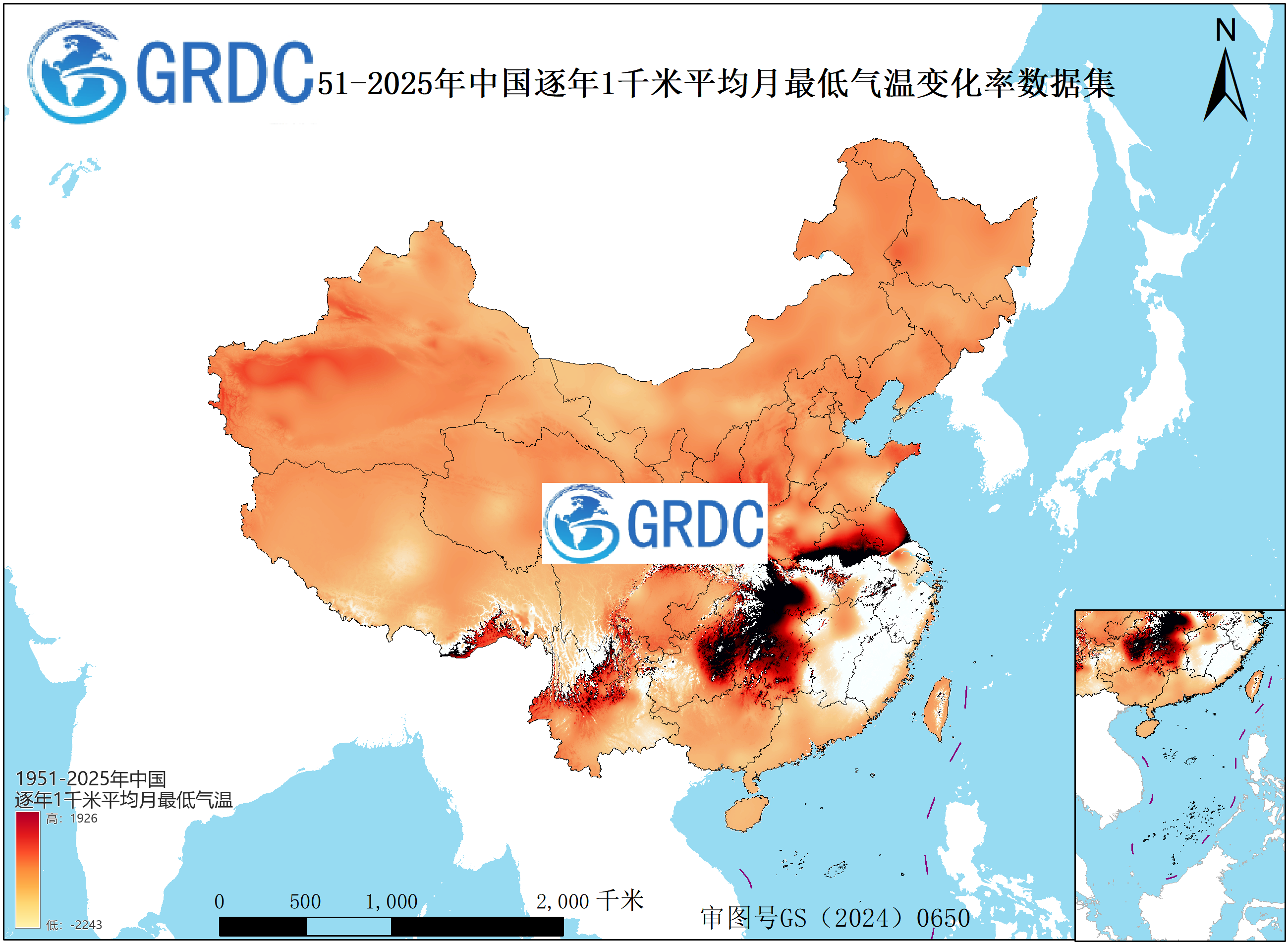 1951-2025年中国1km平均月最低气温逐年变化率数据集