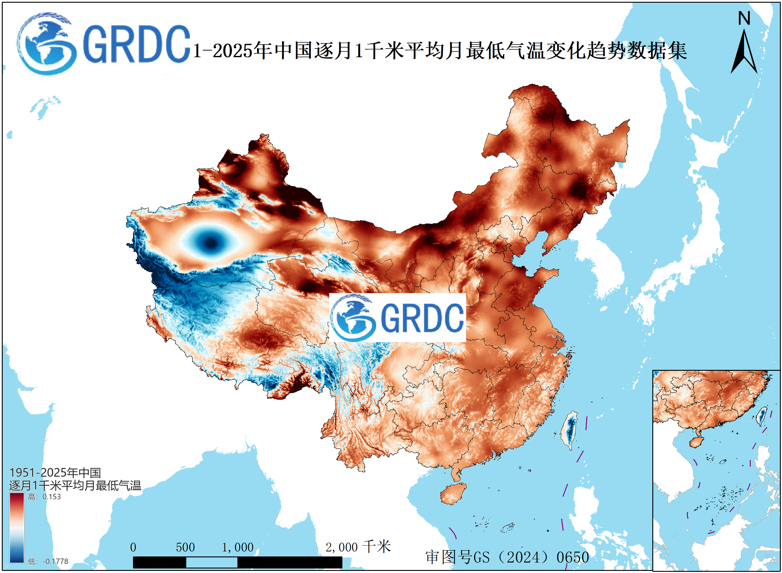 1951-2025年中国1km平均月最低气温逐年变化趋势数据集