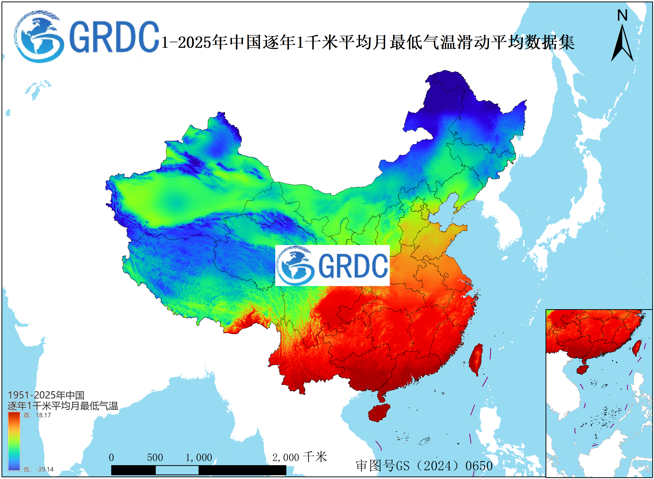1951-2025年中国1km平均月最低气温逐年滑动平均数据集