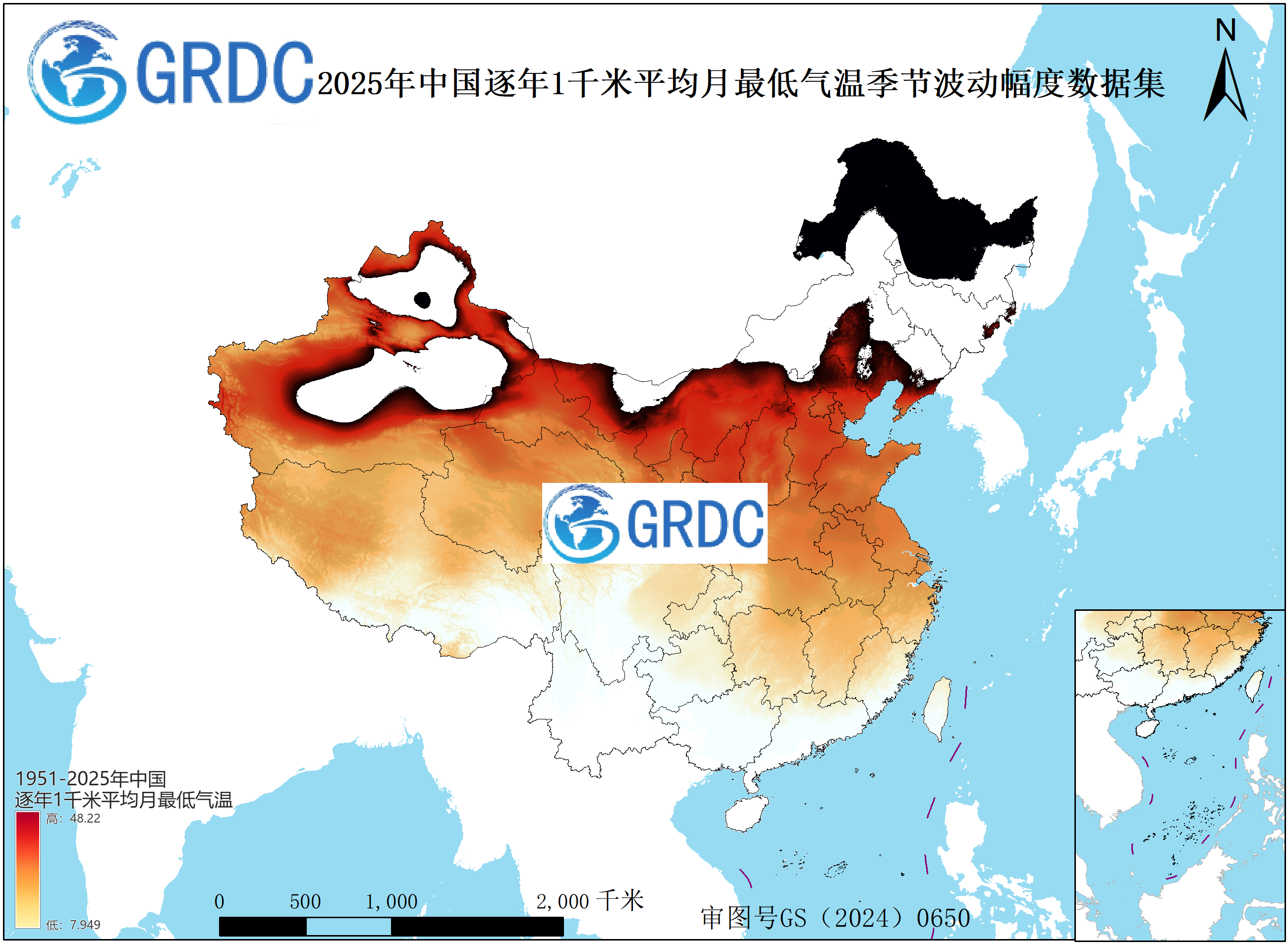 1951-2025年中国1km平均月最低气温逐年年内季节波动幅度数据集