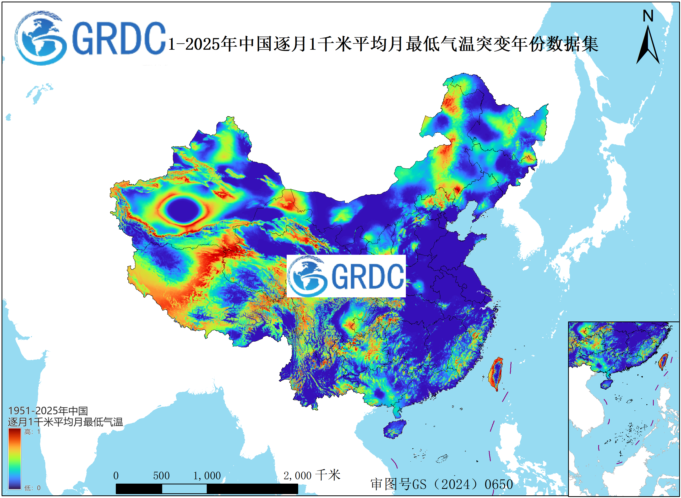 1951-2025年中国1km平均月最低气温逐年突变年份数据集