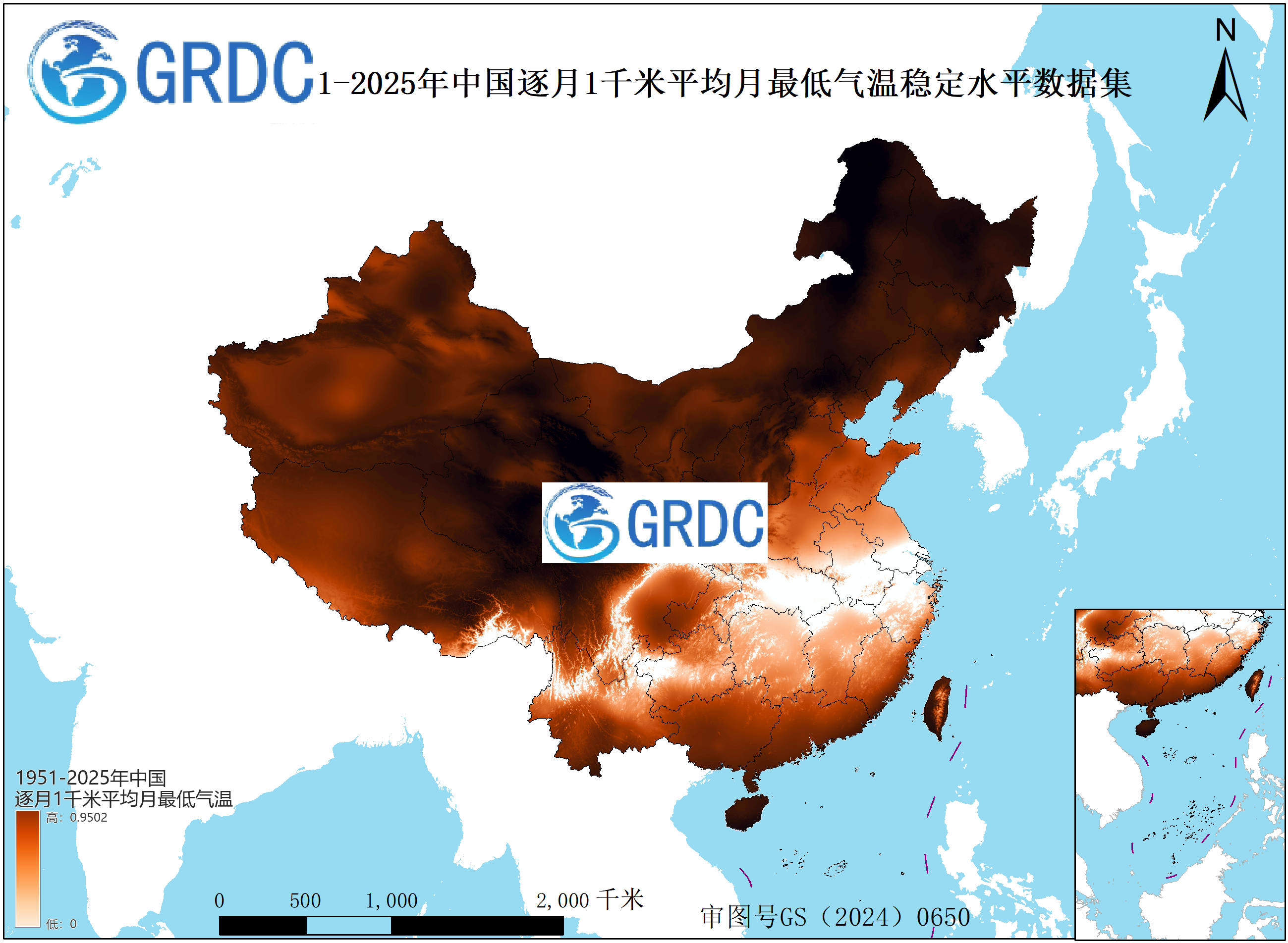 1951-2025年中国1km平均月最低气温逐年稳定水平数据集