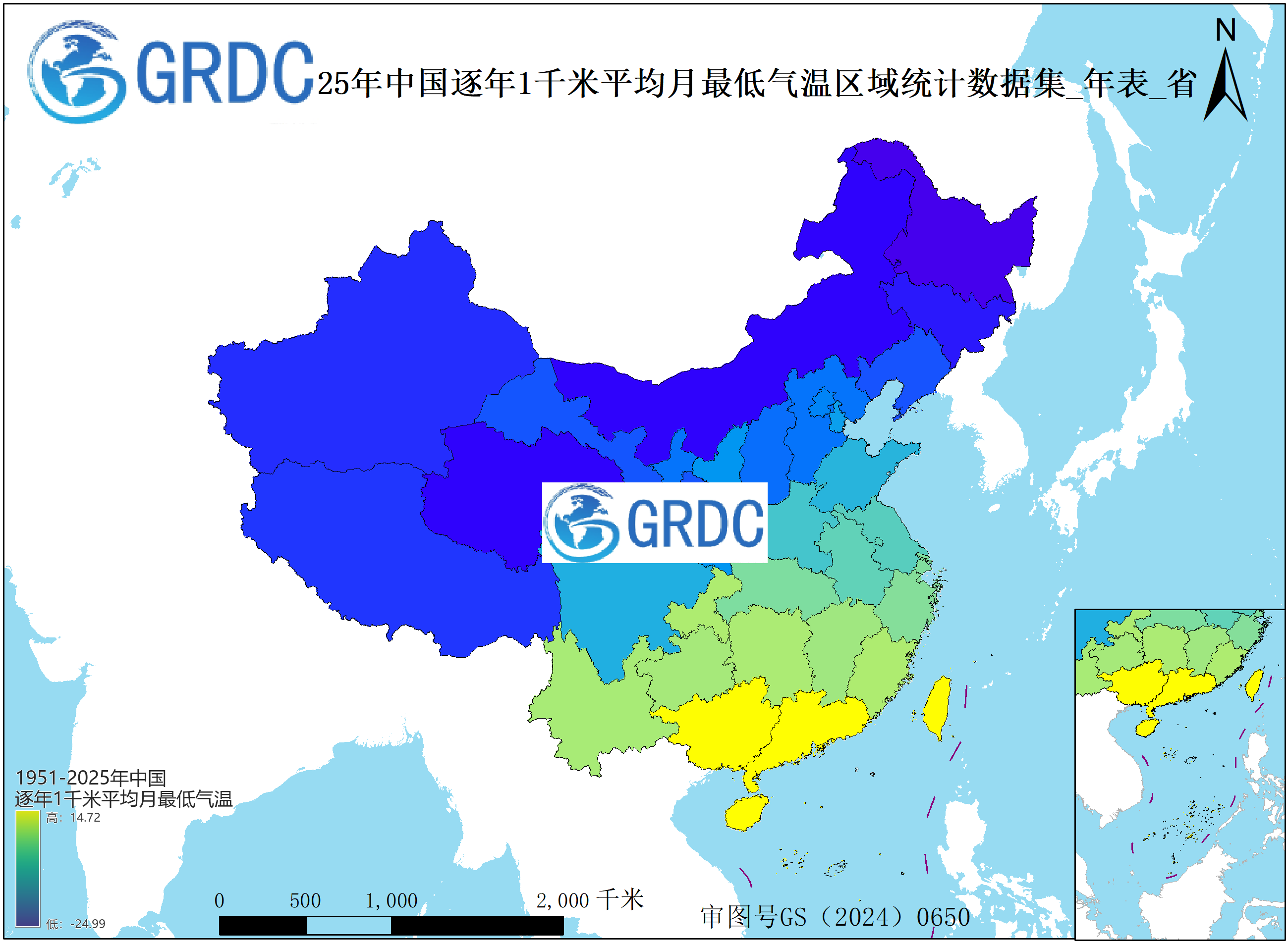 1951-2025年中国1km平均月最低气温逐年区域统计数据集_年表_省
