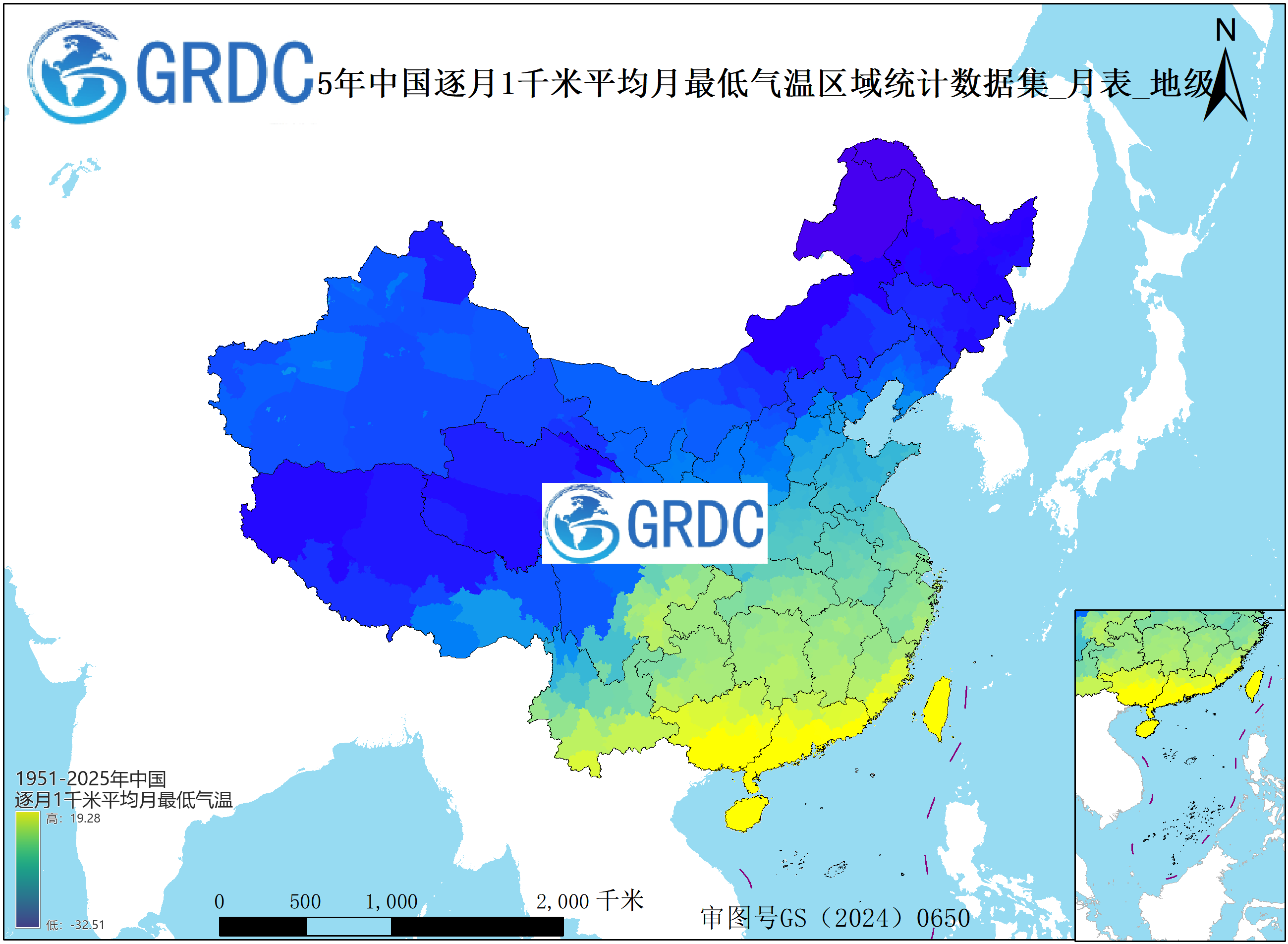 1951-2025年中国1km平均月最低气温逐月区域统计数据集_月表_地级