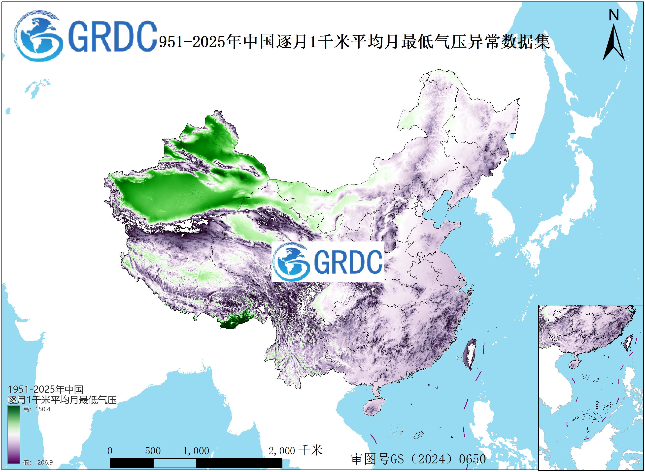 1951-2025年中国1km平均月最低气压逐月序列异常数据集