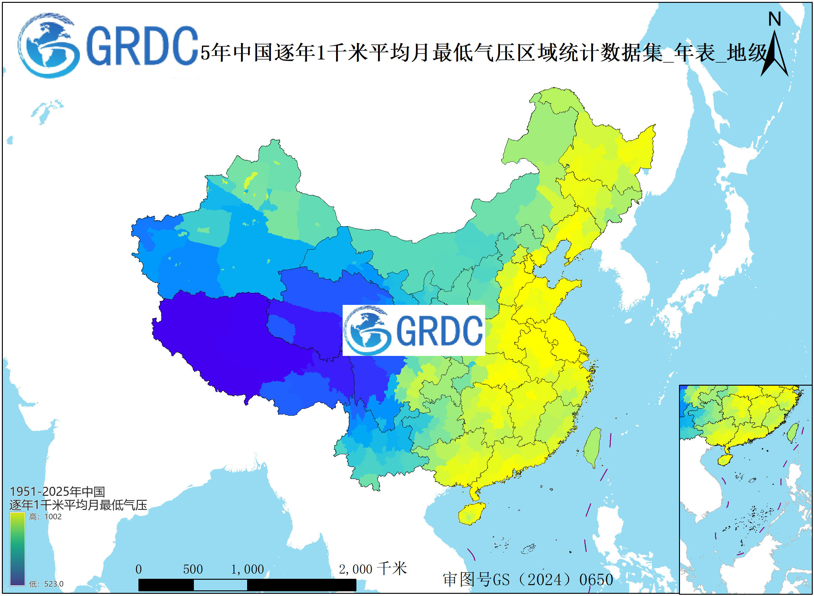1951-2025年中国1km平均月最低气压逐年区域统计数据集_年表_地级