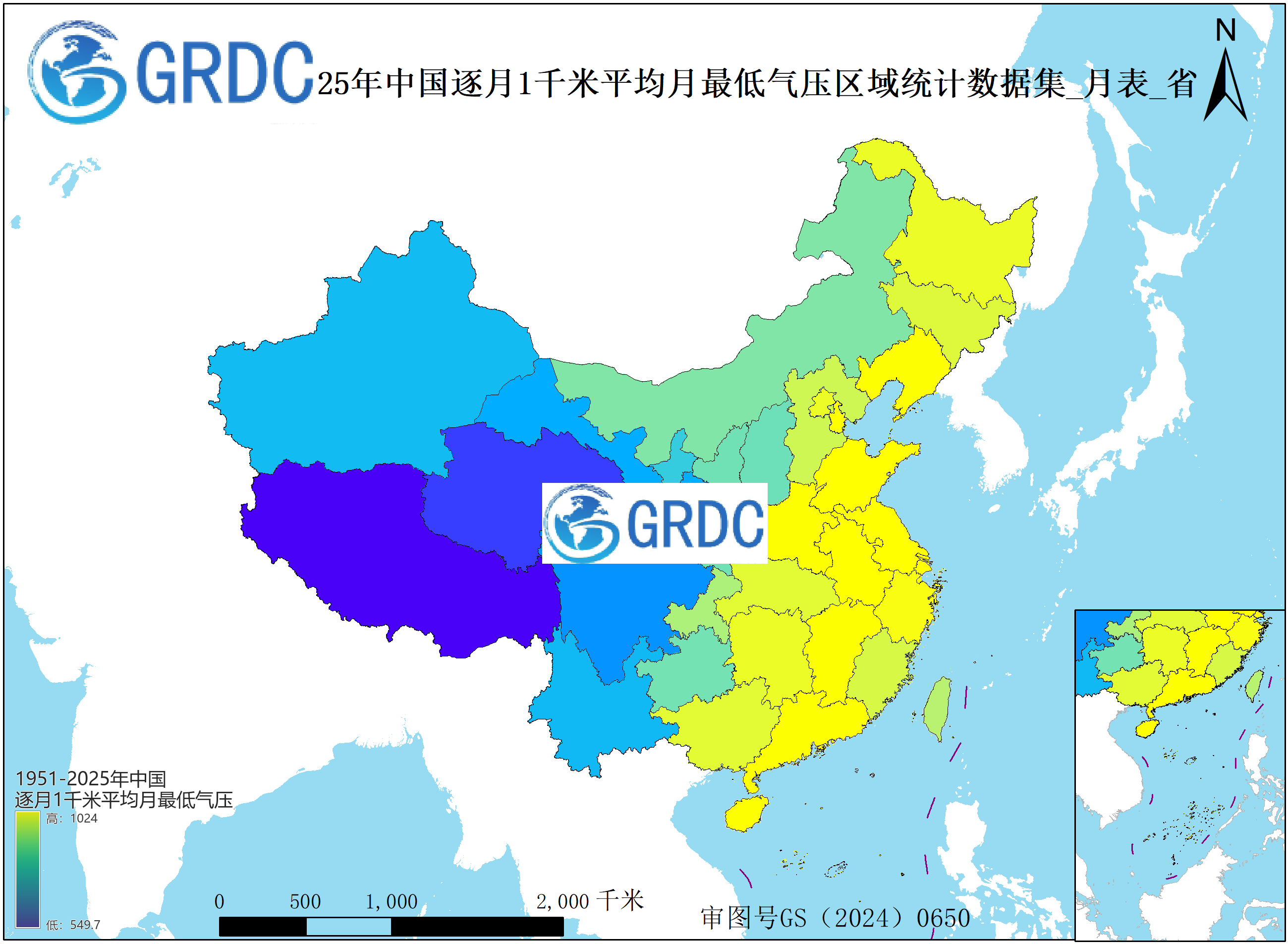 1951-2025年中国1km平均月最低气压逐月区域统计数据集_月表_省