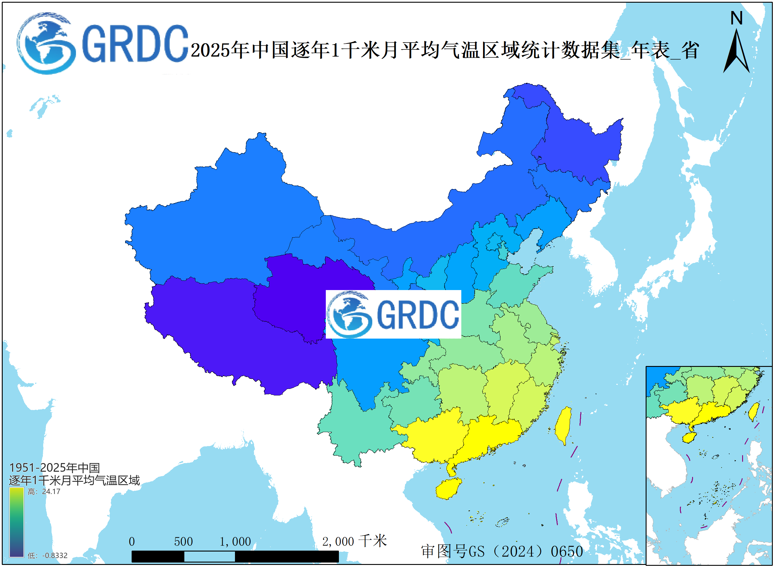 1951-2025年中国1km月平均气温逐年区域统计数据集_年表_省