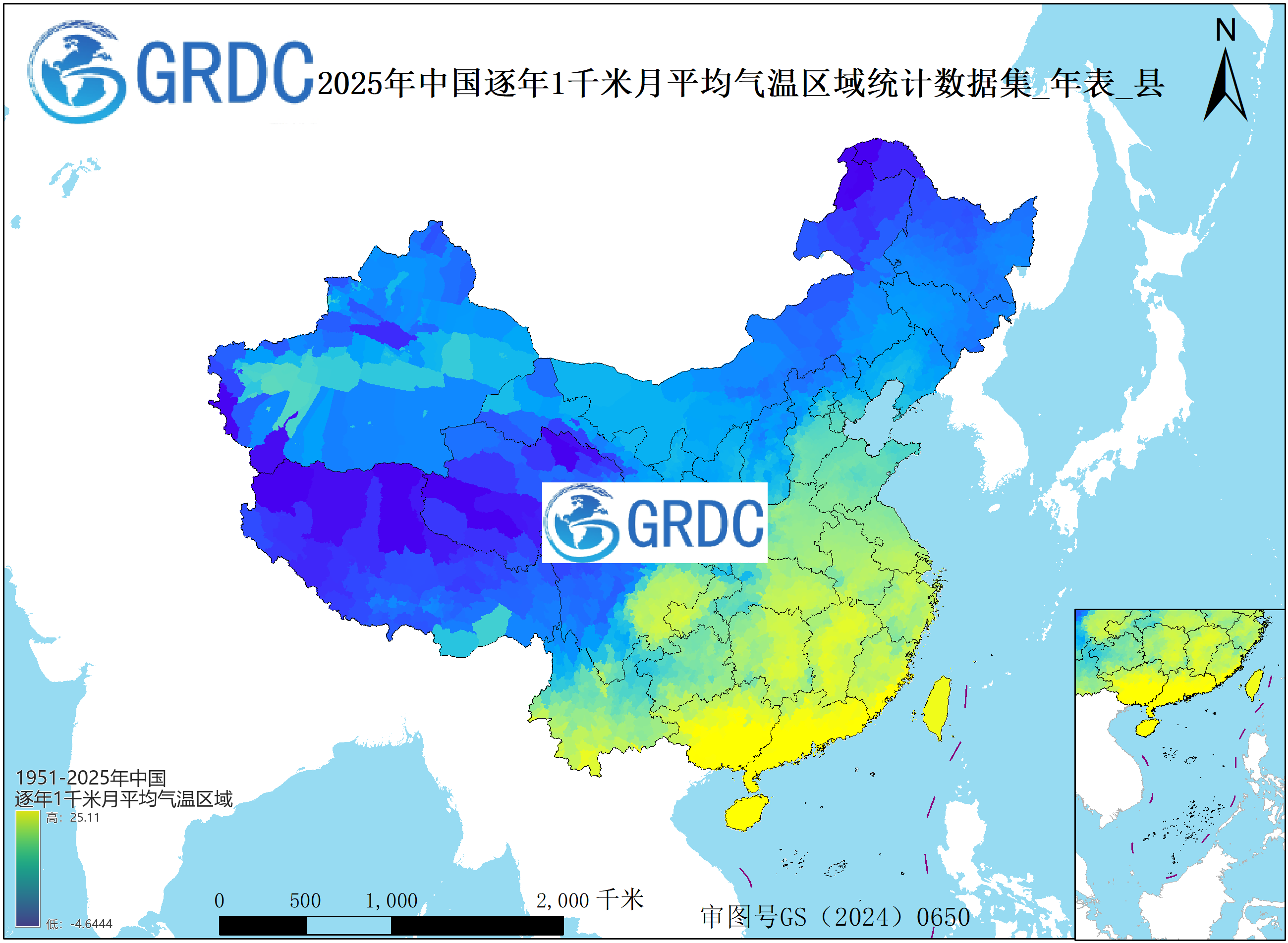1951-2025年中国1km月平均气温逐年区域统计数据集_年表_县