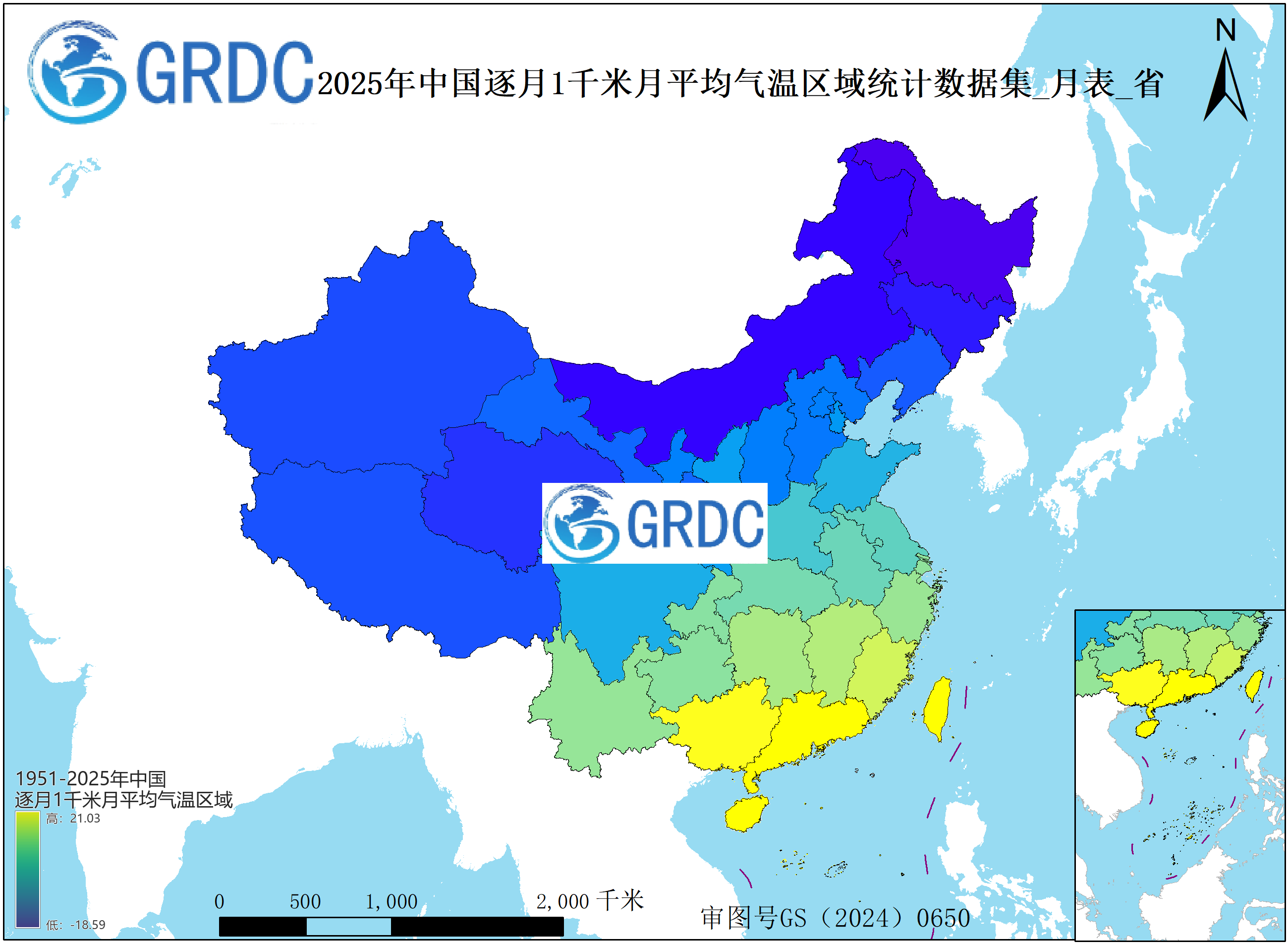 1951-2025年中国1km月平均气温逐月区域统计数据集_月表_省
