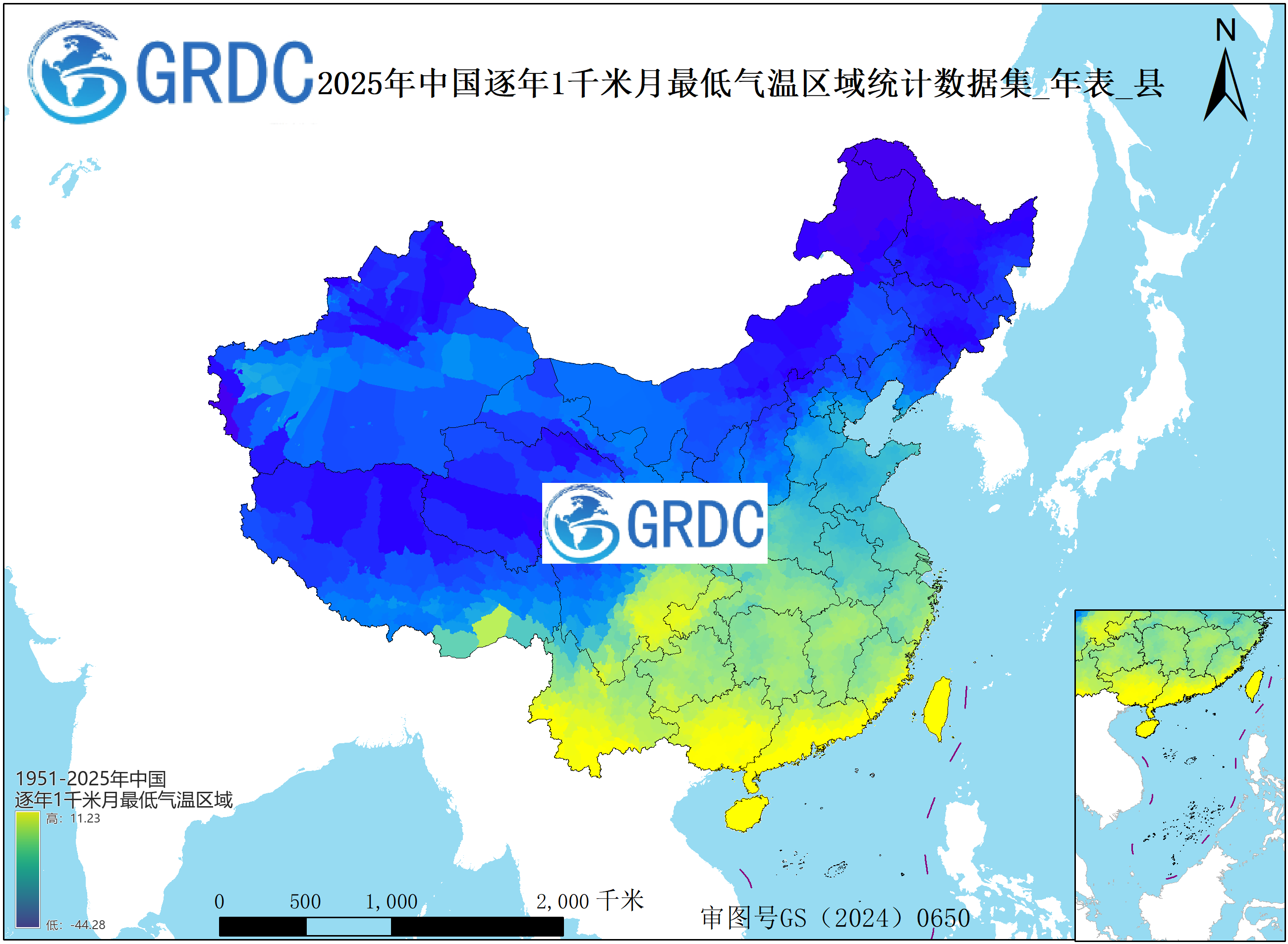 1951-2025年中国1km月最低气温逐年区域统计数据集_年表_县