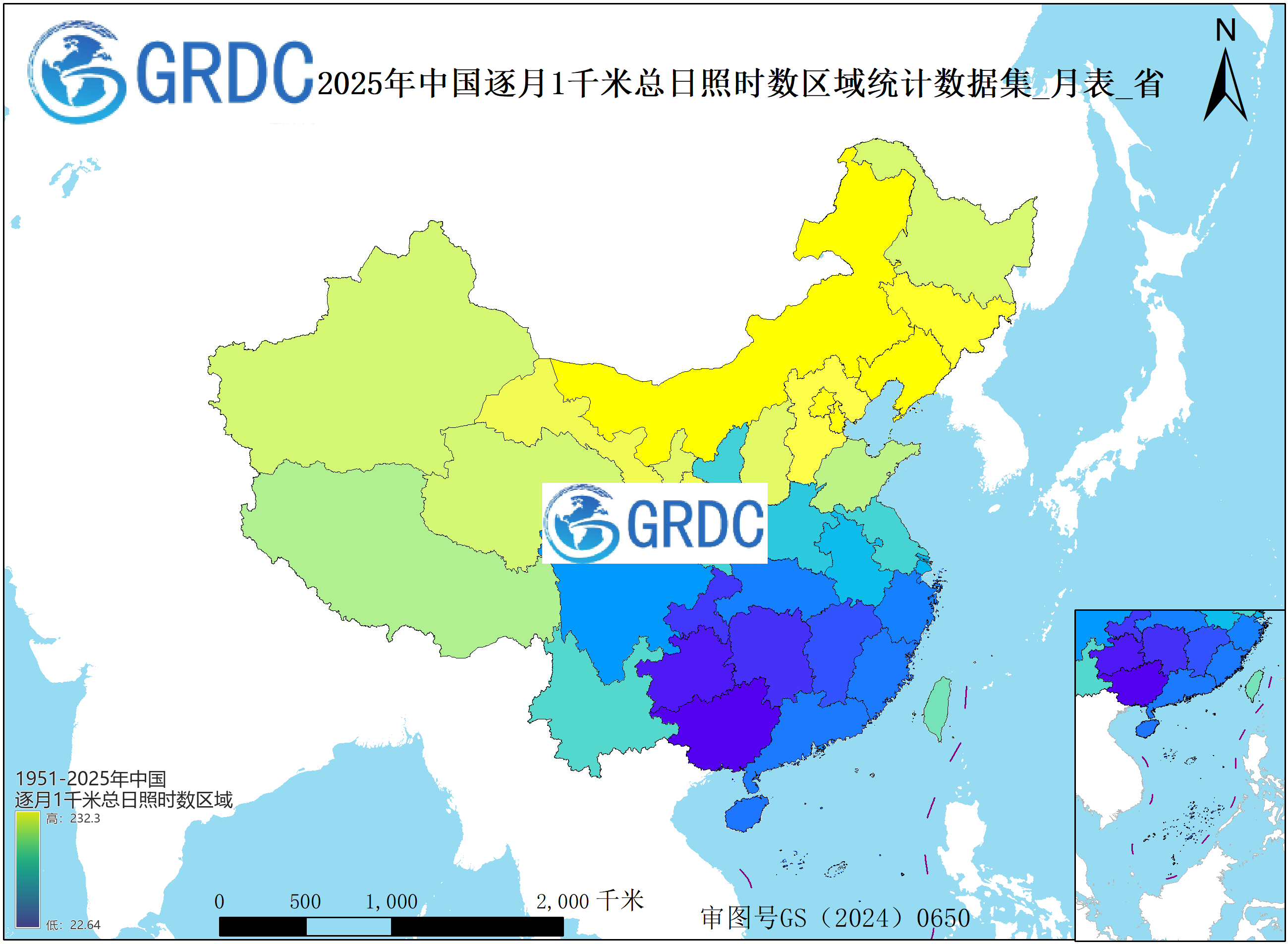 1951-2025年中国1km总日照时数逐月区域统计数据集_月表_省