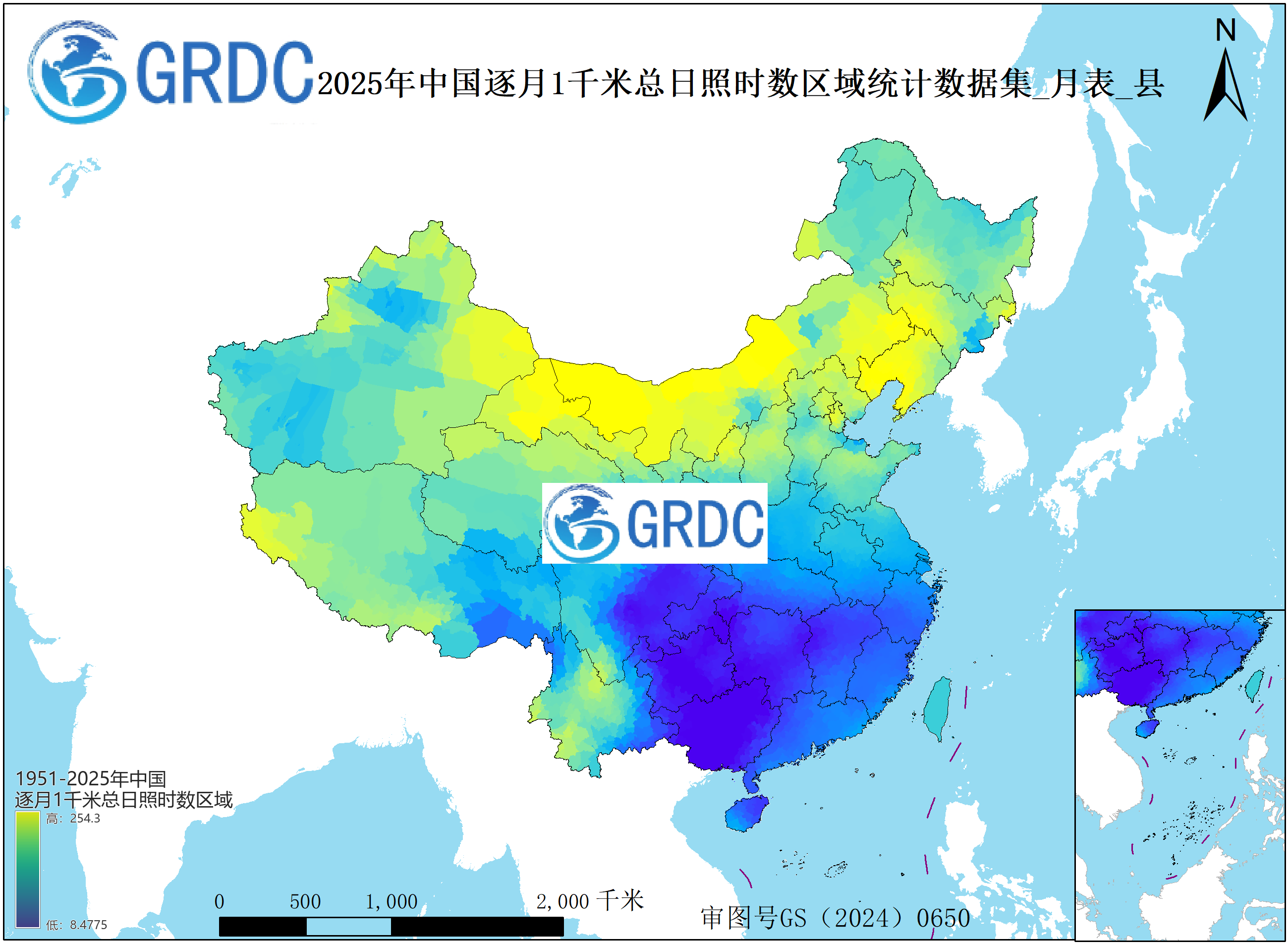 1951-2025年中国1km总日照时数逐月区域统计数据集_月表_县