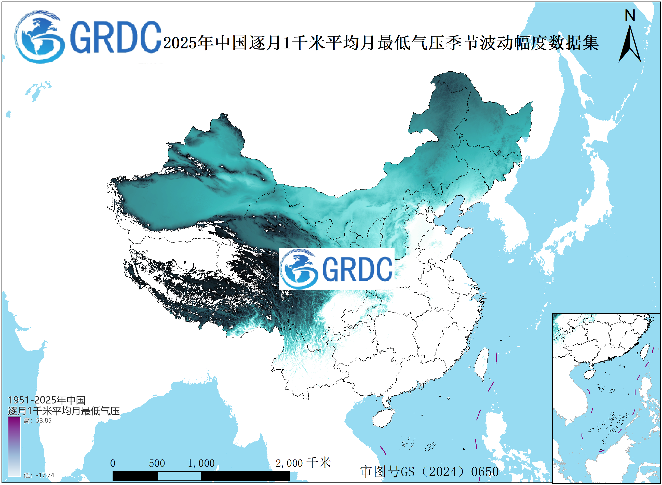 1951-2025年中国1km平均月最低气压月别常年季节波动幅度数据集