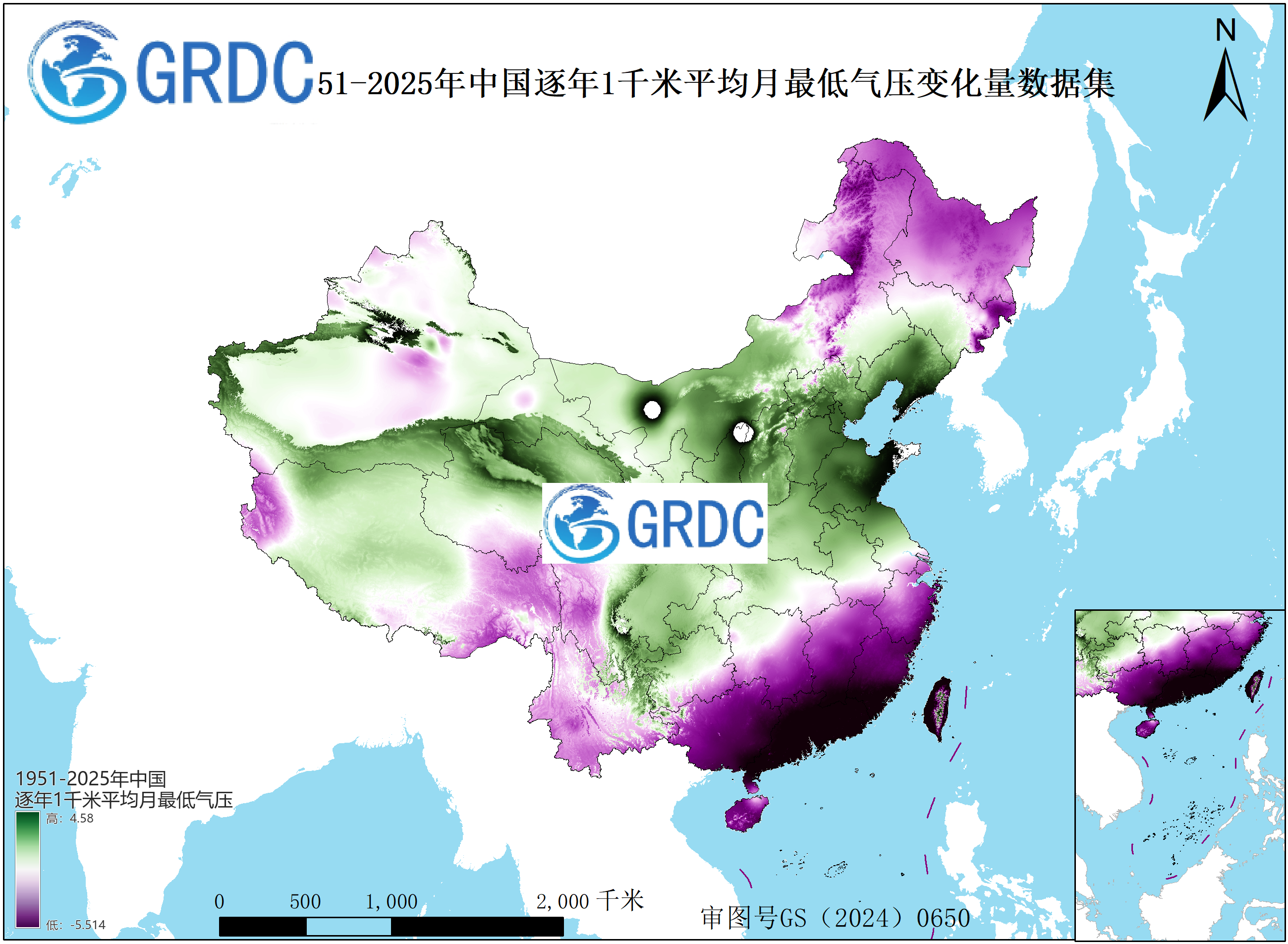 1951-2025年中国1km平均月最低气压逐年变化量数据集