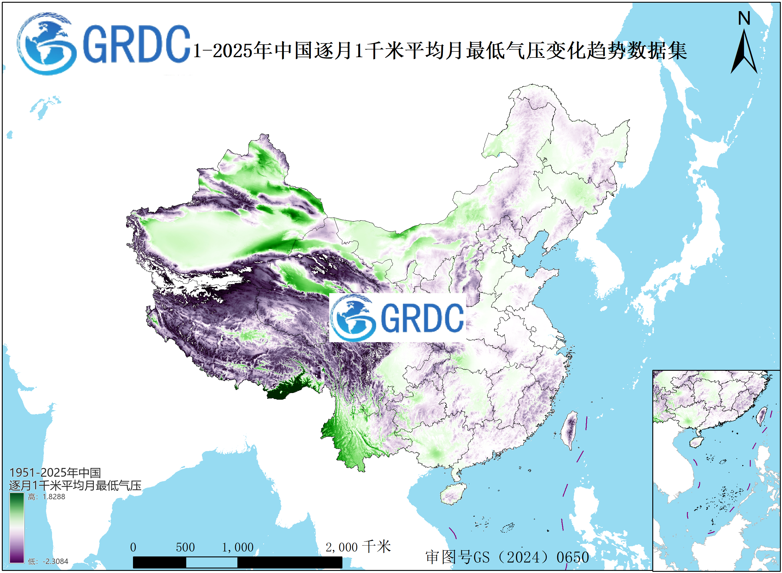 1951-2025年中国1km平均月最低气压逐月变化趋势数据集