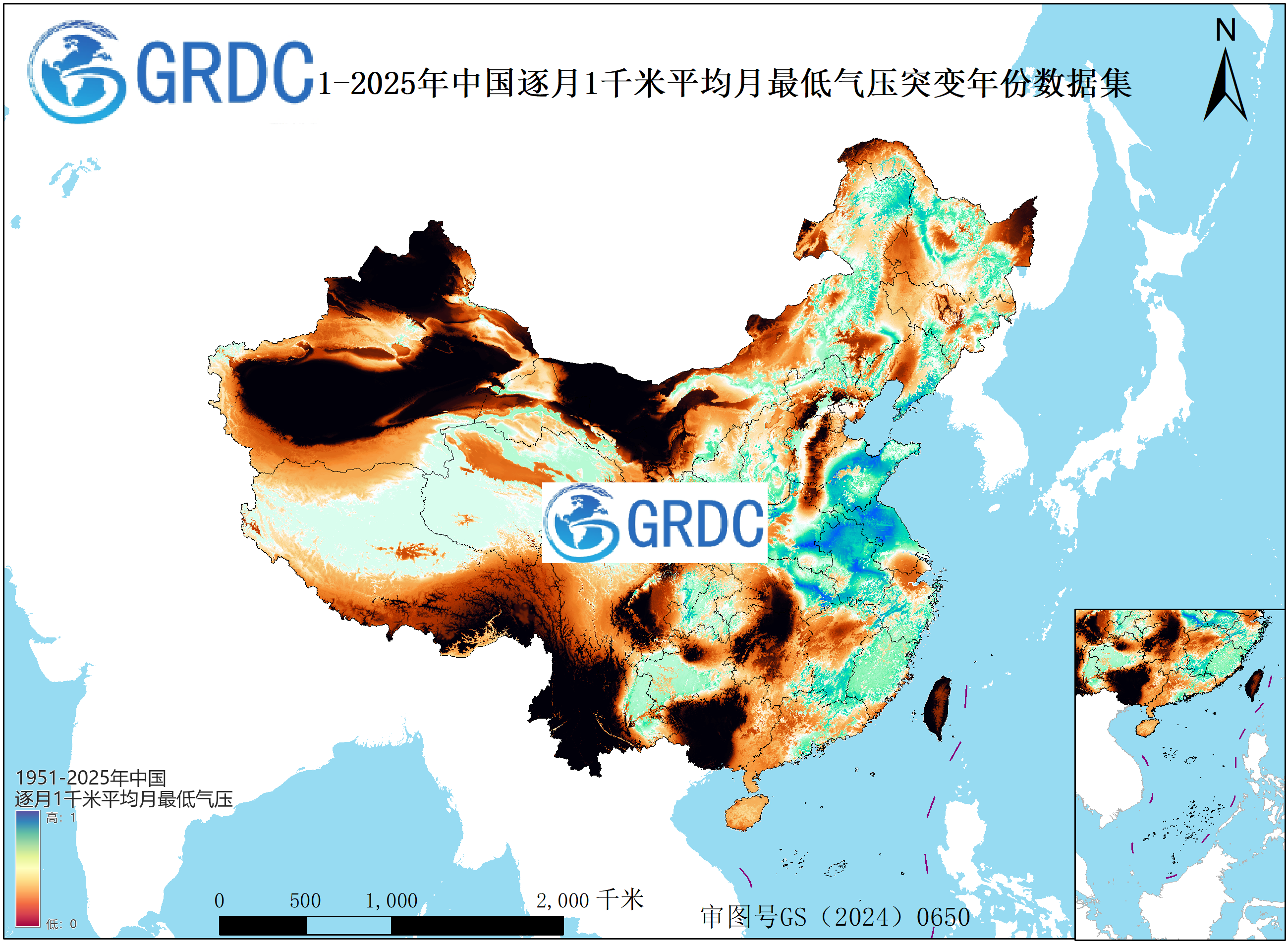1951-2025年中国1km平均月最低气压逐月突变年份数据集