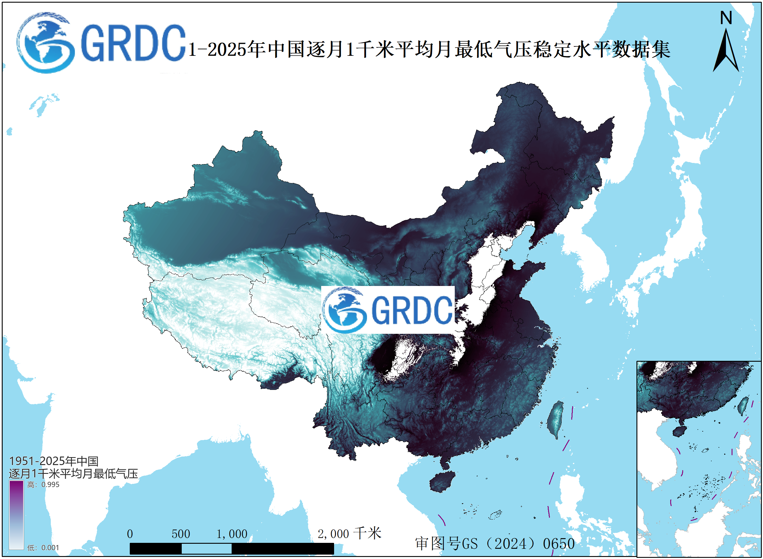 1951-2025年中国1km平均月最低气压逐月稳定水平数据集