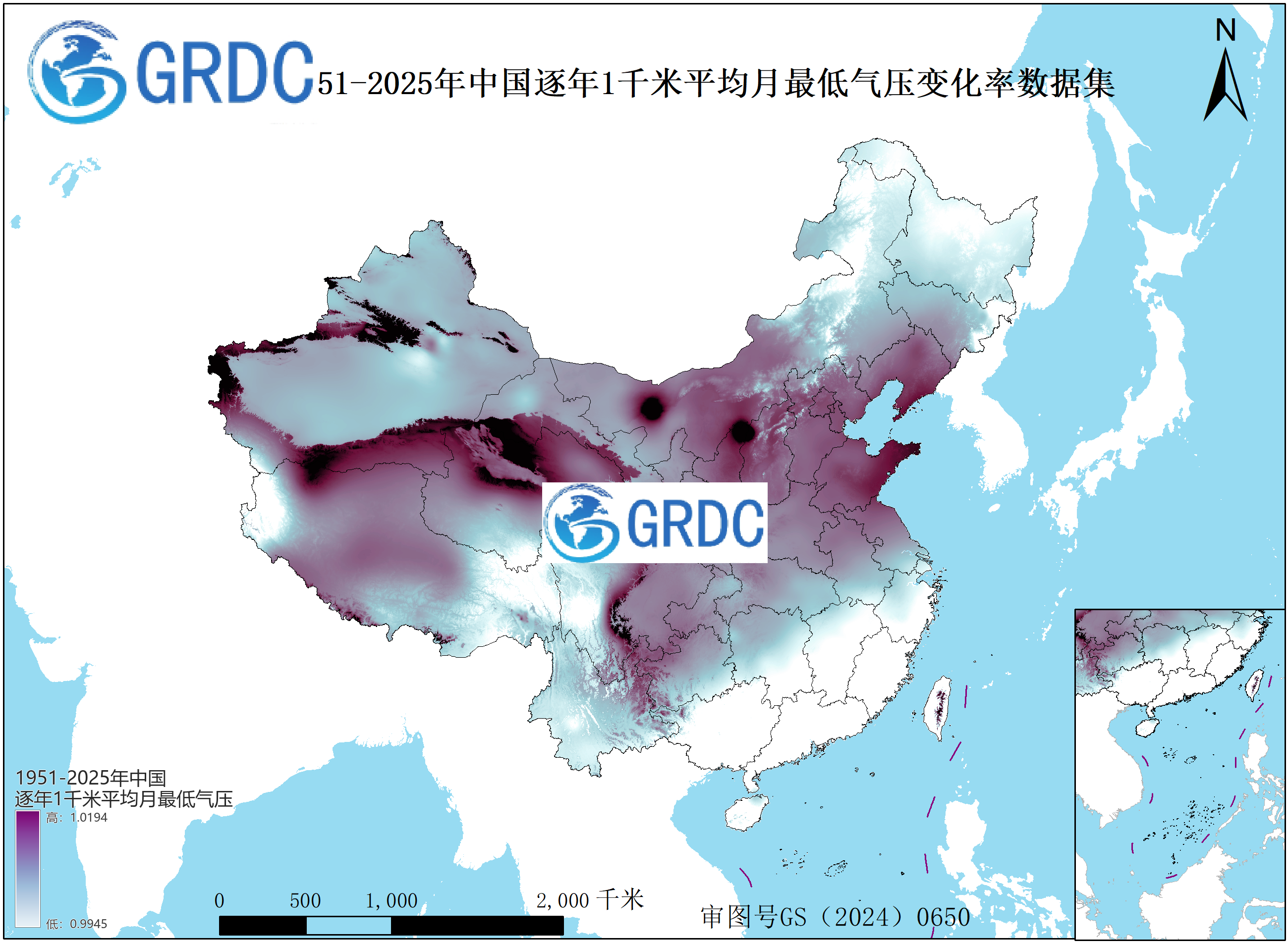 1951-2025年中国1km平均月最低气压逐年变化率数据集
