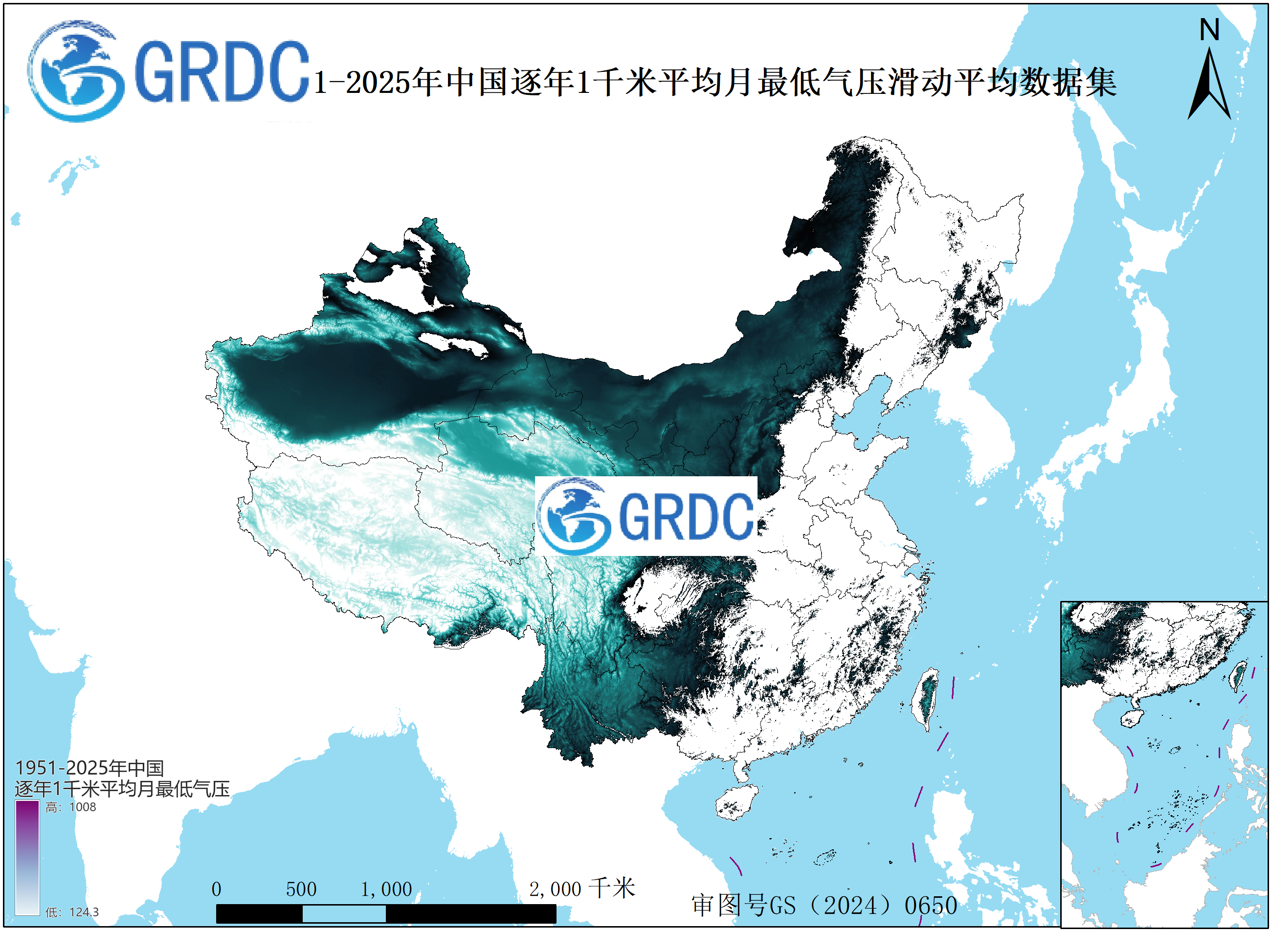 1951-2025年中国1km平均月最低气压逐年滑动平均数据集
