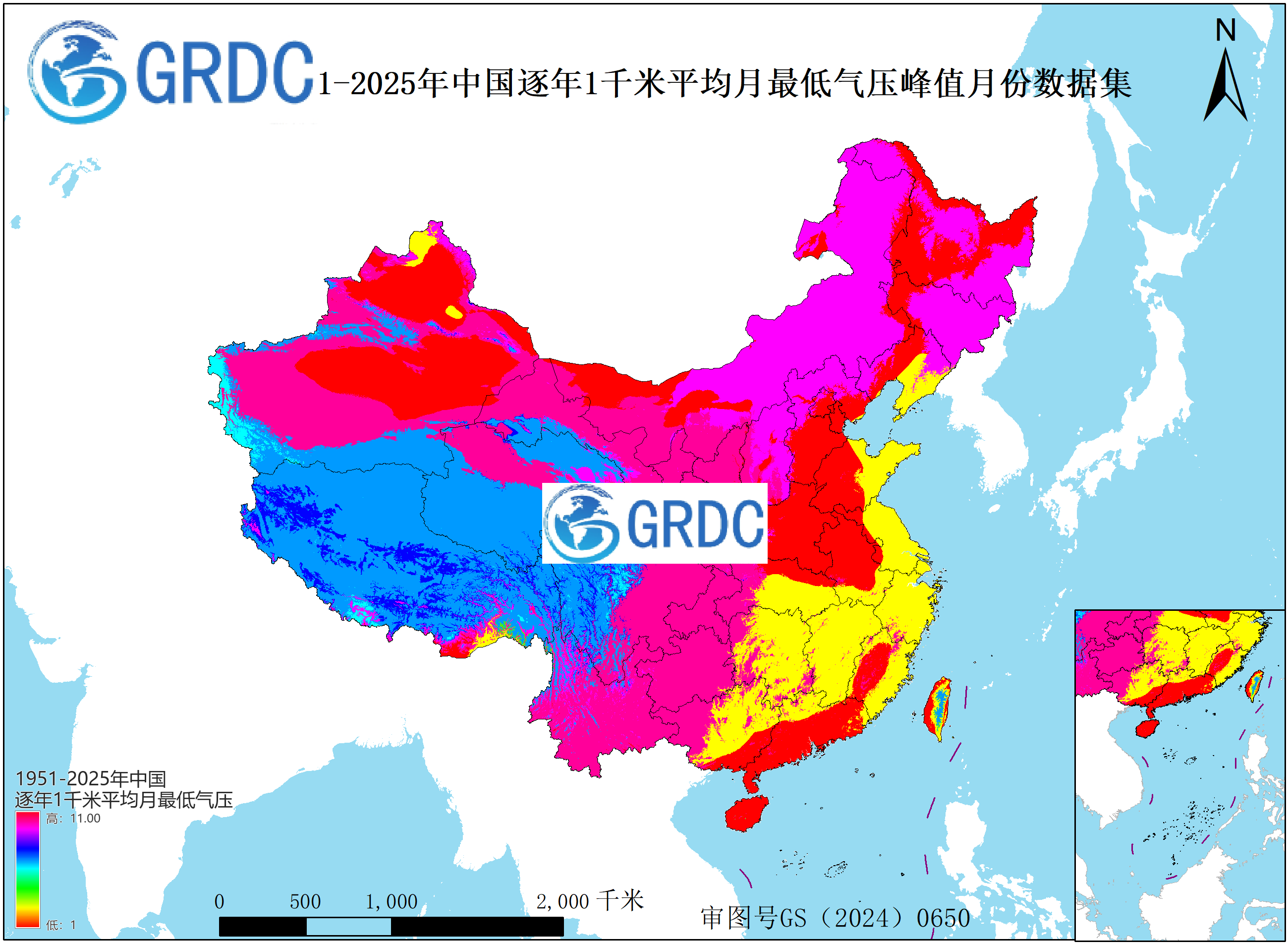 1951-2025年中国1km平均月最低气压逐年年内峰值月份数据集