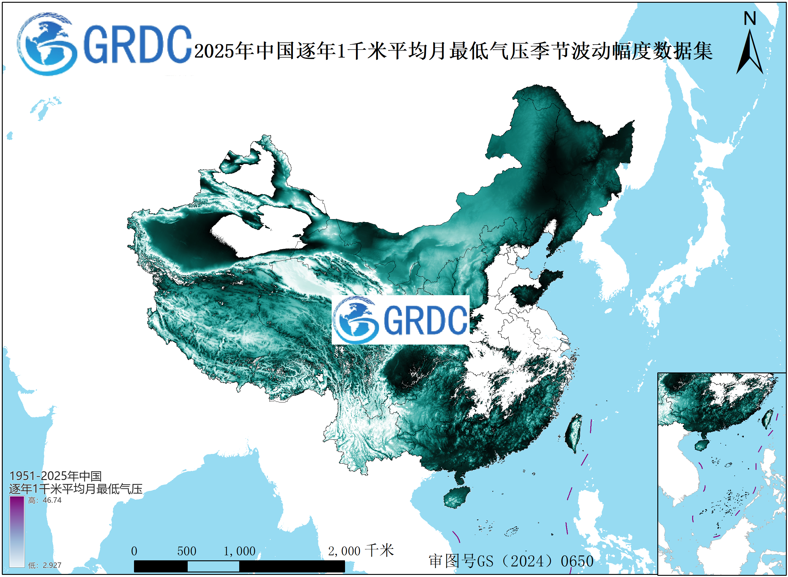 1951-2025年中国1km平均月最低气压逐年年内季节波动幅度数据集