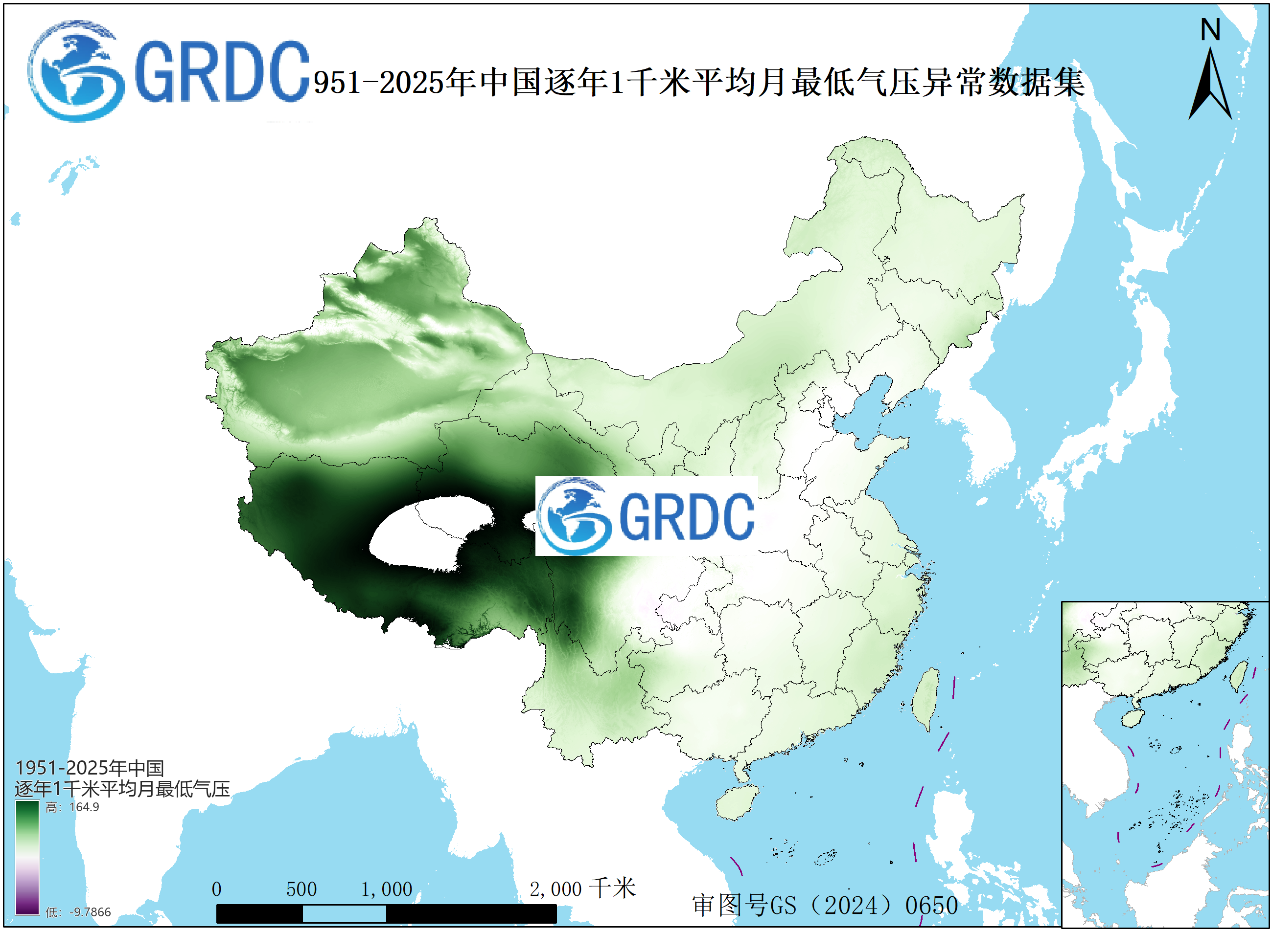 1951-2025年中国1km平均月最低气压逐年异常数据集