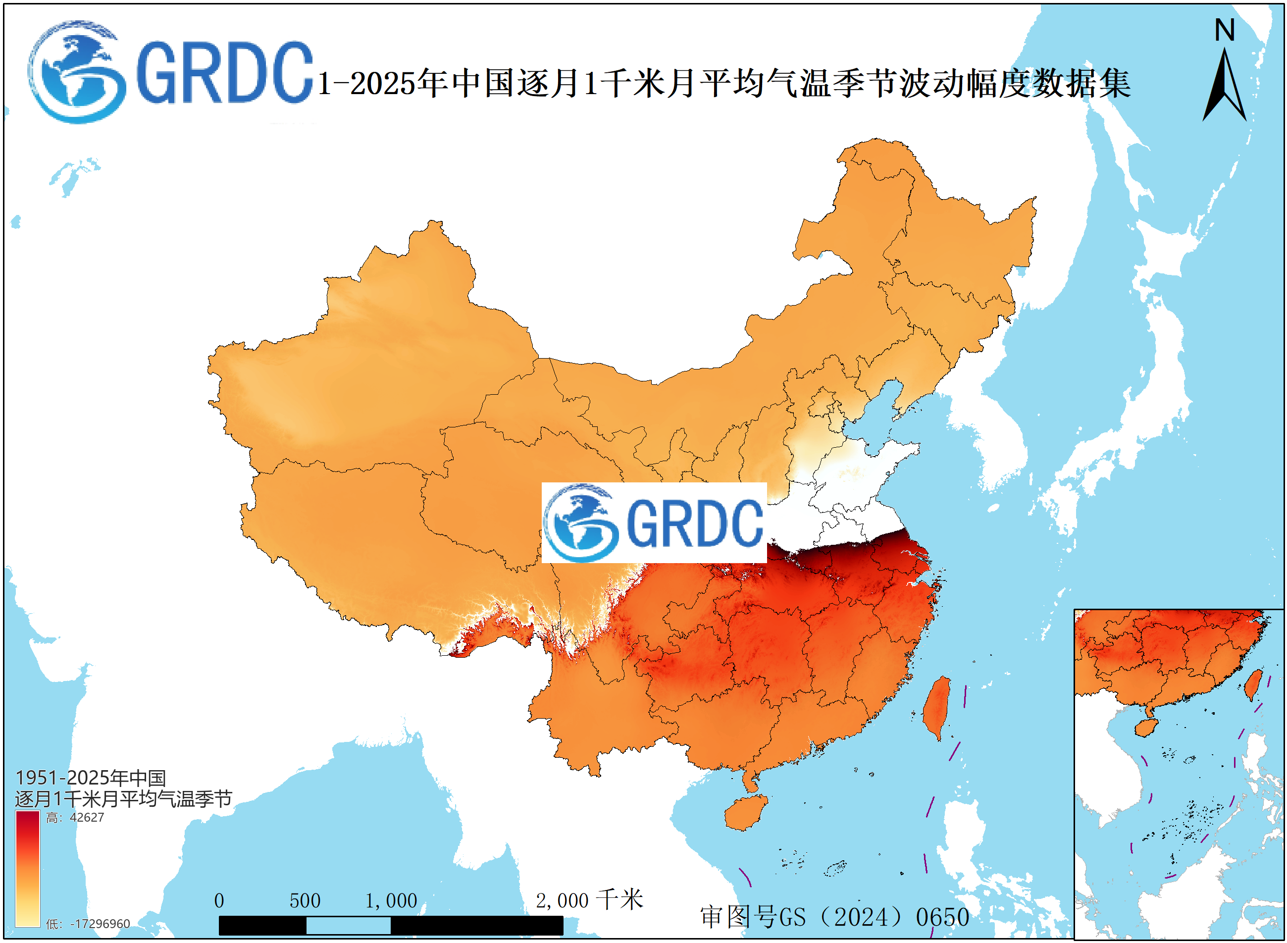 1951-2025年中国1km月平均气温月别常年季节波动幅度数据集