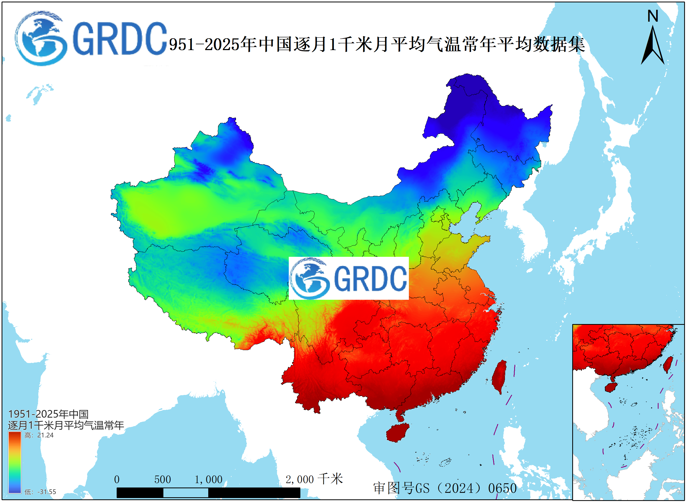 1951-2025年中国1km月平均气温月别常年平均数据集