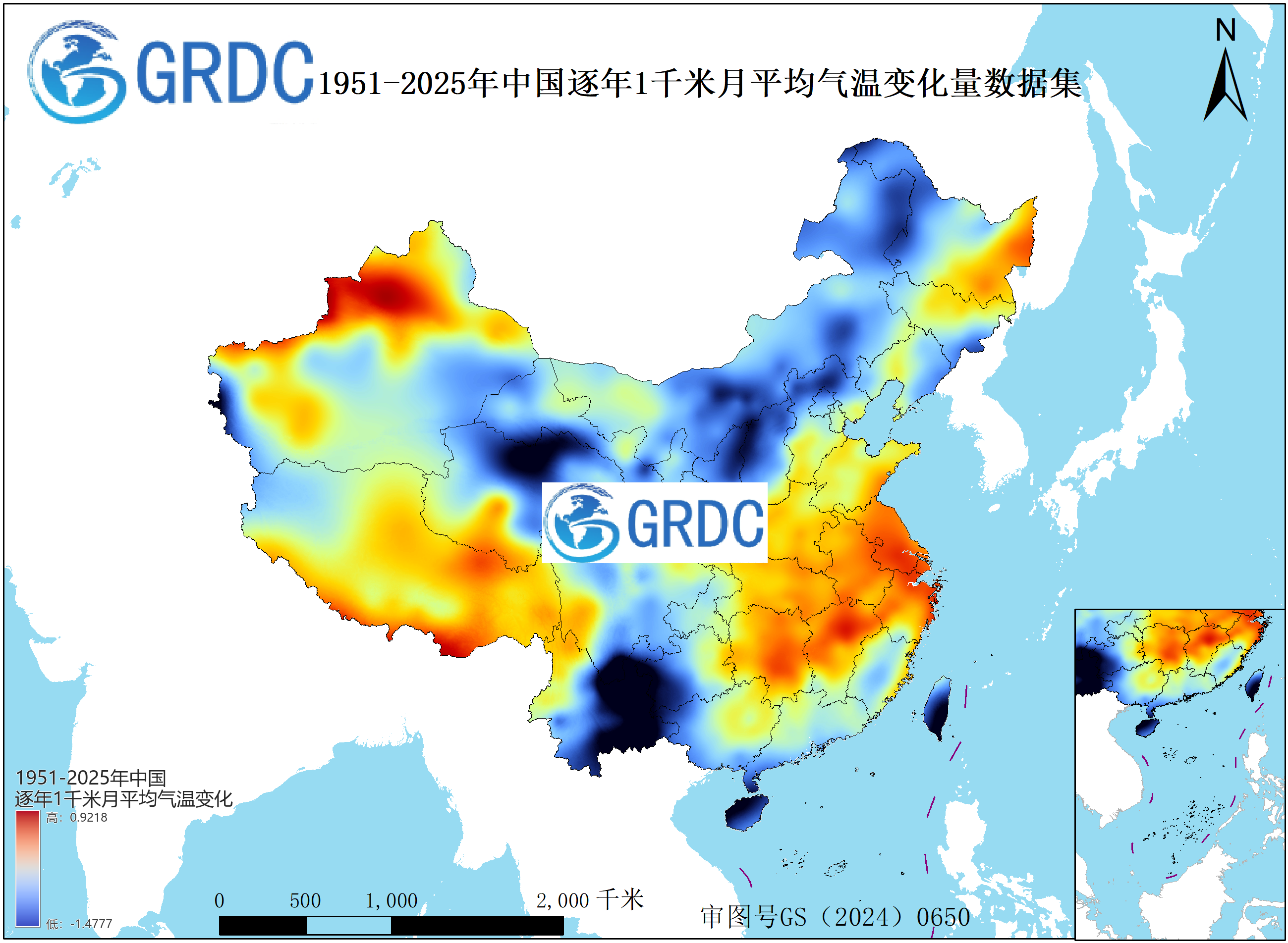 1951-2025年中国1km月平均气温逐年变化量数据集