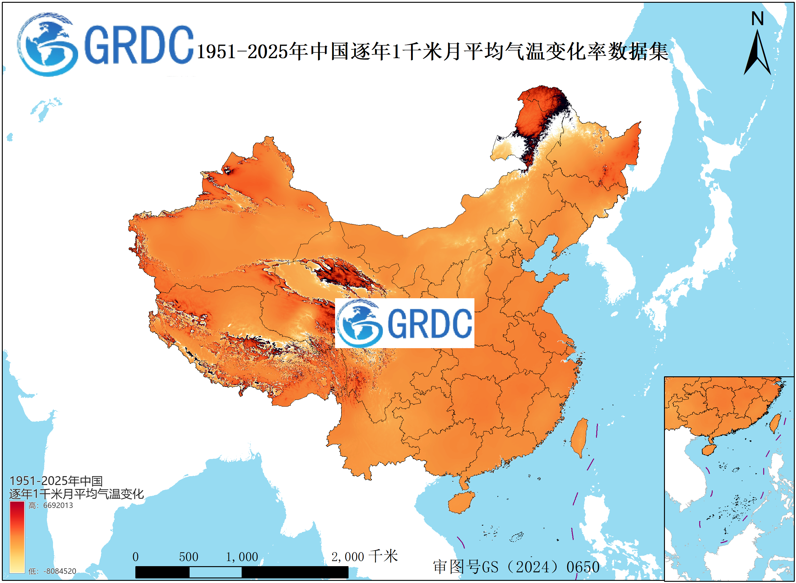 1951-2025年中国1km月平均气温逐年变化率数据集