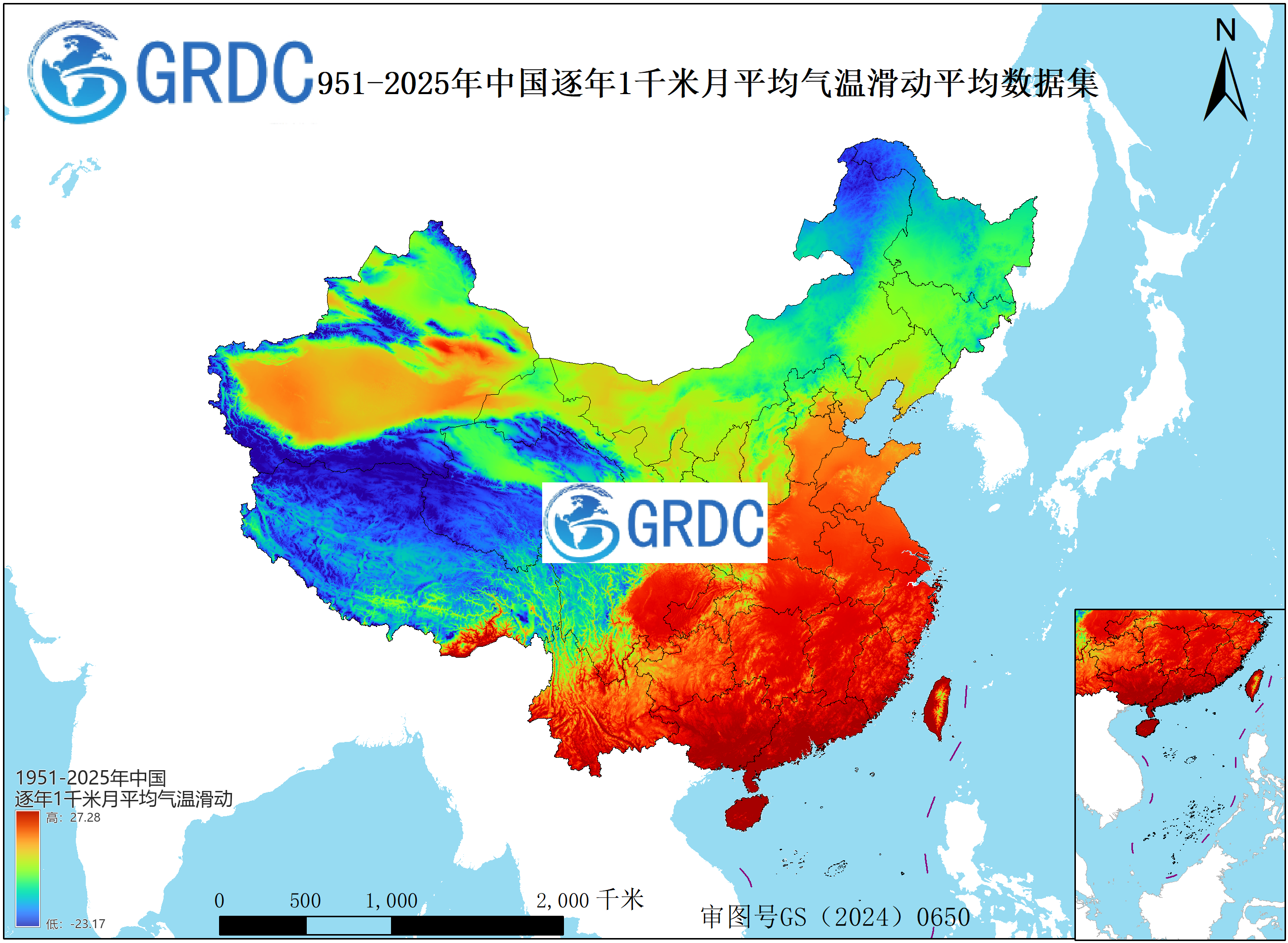 1951-2025年中国1km月平均气温逐年滑动平均数据集