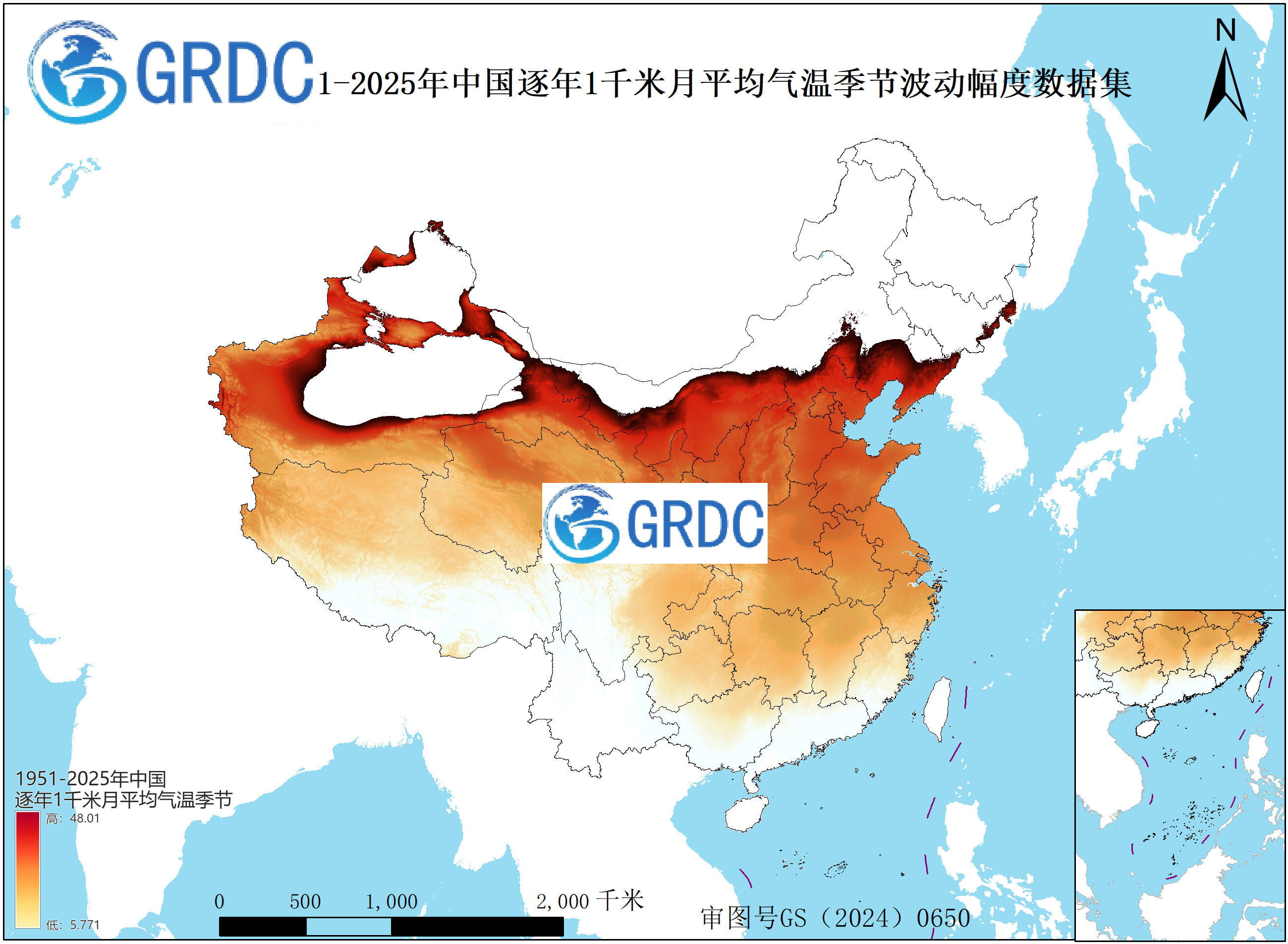 1951-2025年中国1km月平均气温逐年年内季节波动幅度数据集